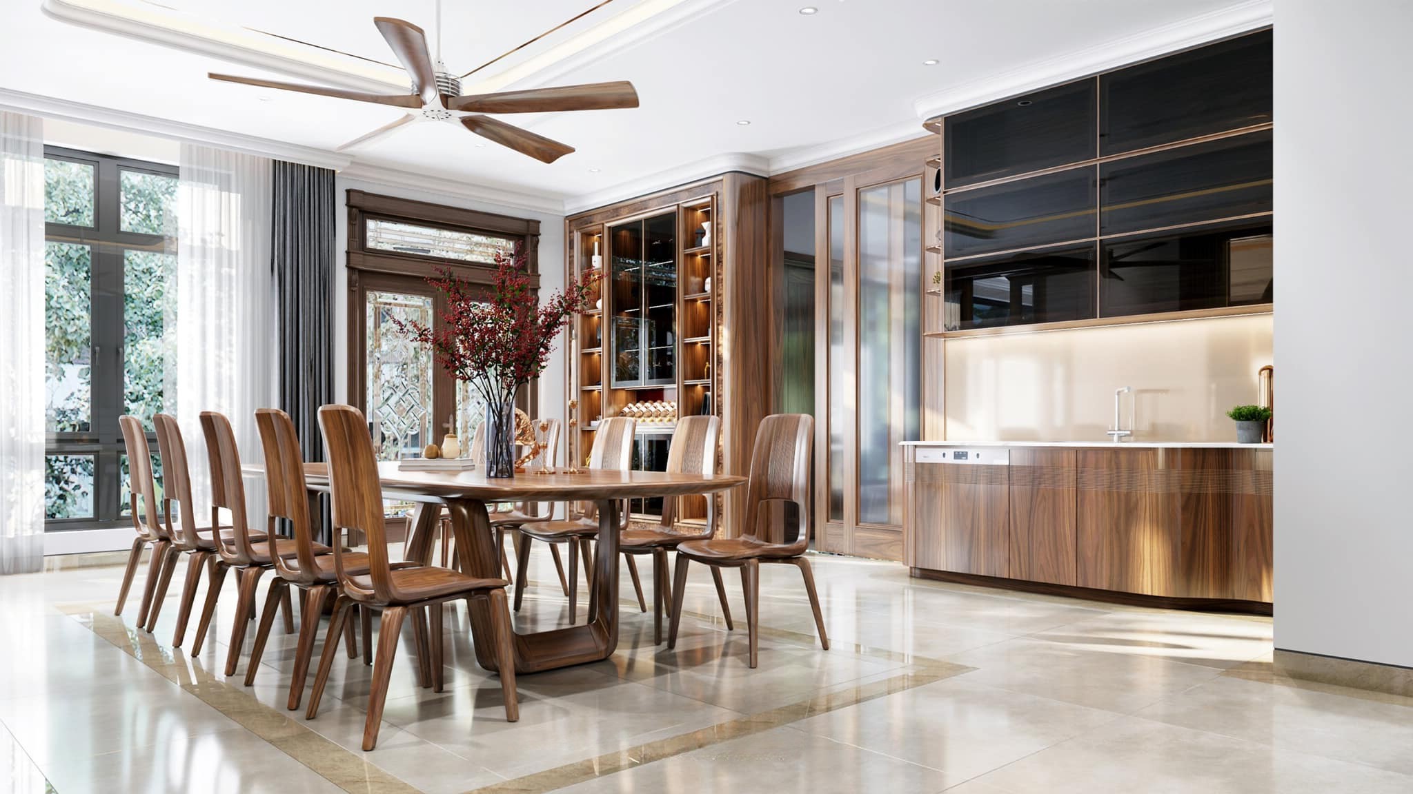 Bàn ăn 10 ghế gỗ óc chó mặt chữ nhật bo góc và chân chữ U