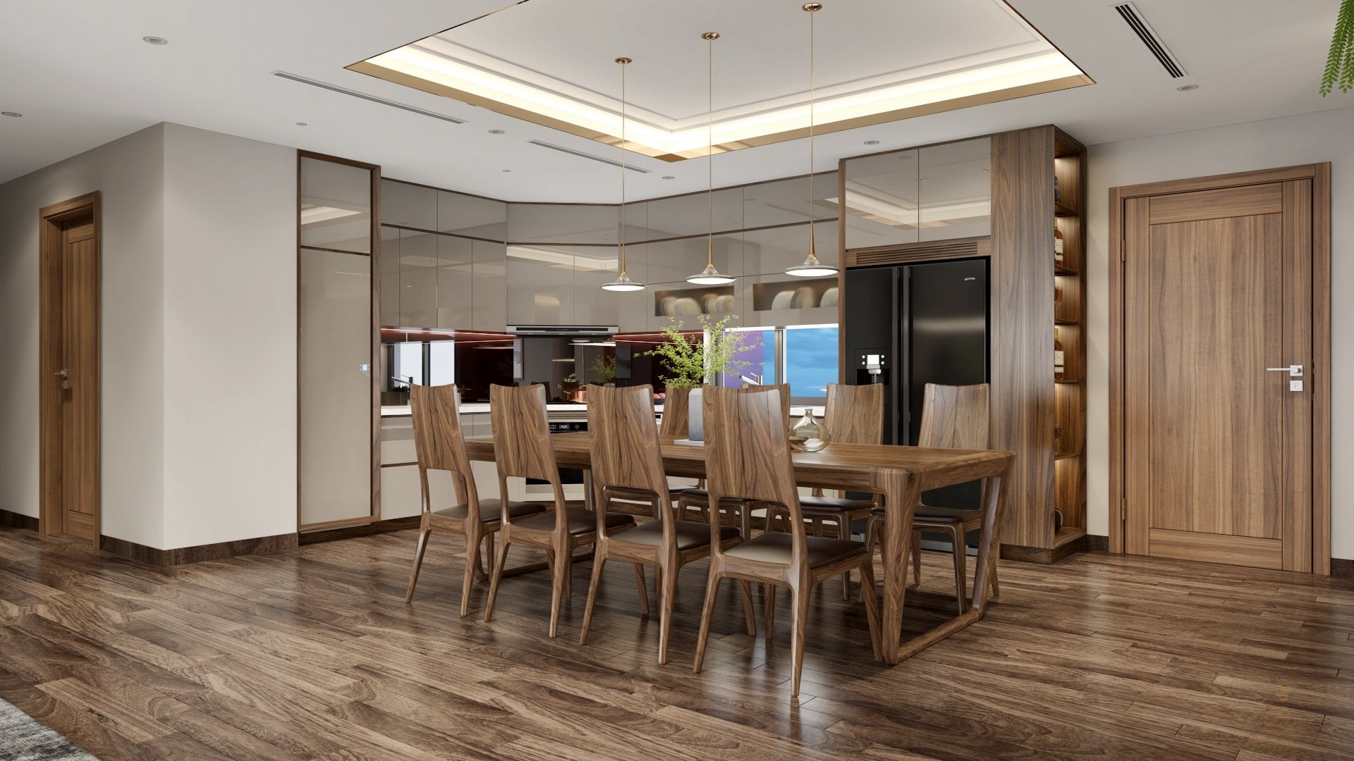 Bàn ăn 8 ghế gỗ óc chó mặt chữ nhật, ghế tựa cong bọc da be xám