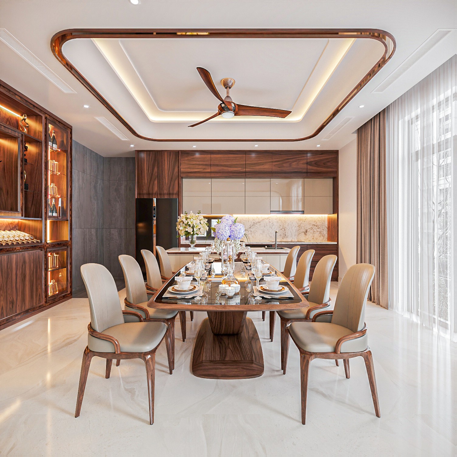 Bàn ăn mặt đá granite đen với chân trụ chữ V và ghế bọc da be xám