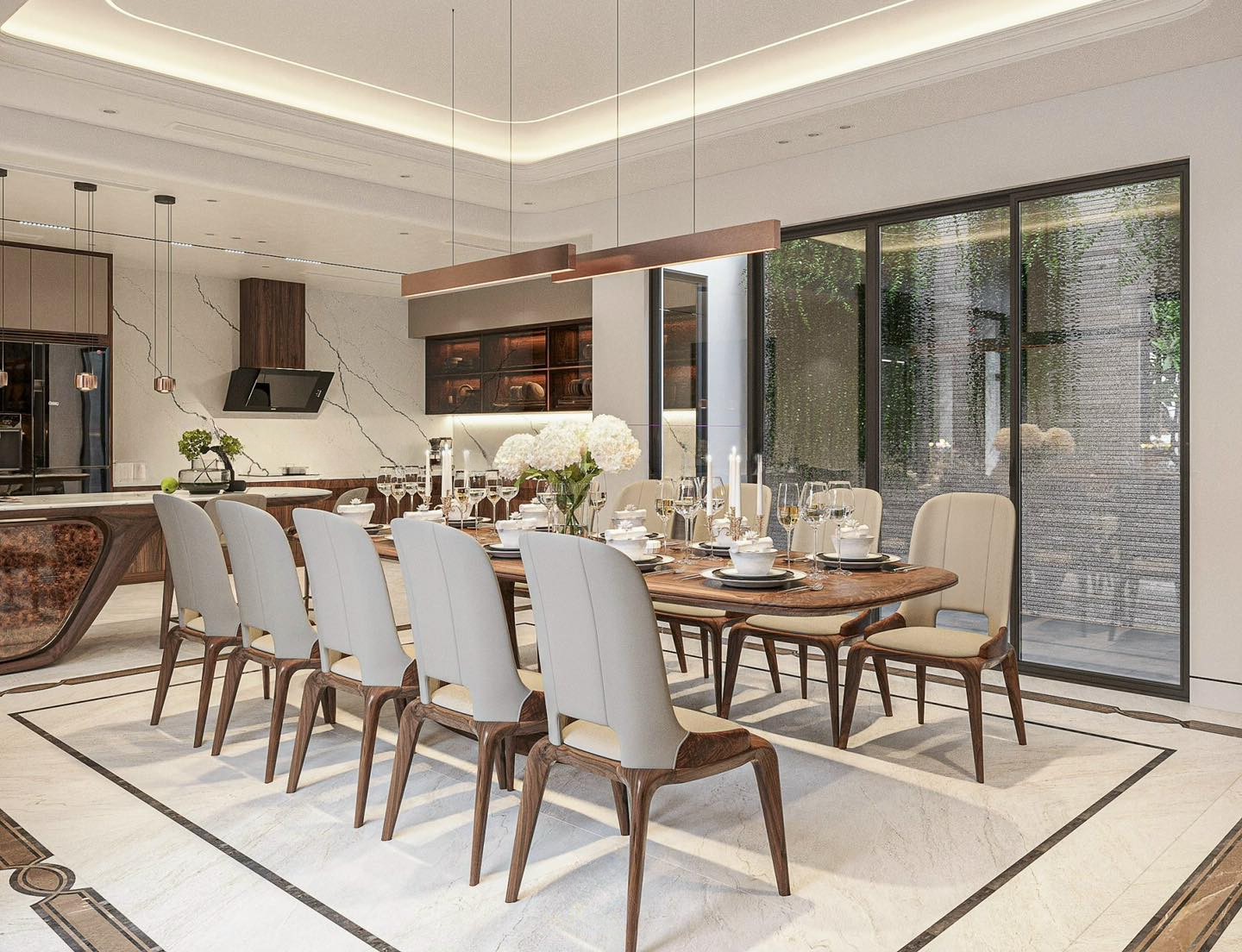 Bàn ăn óc chó cao cấp 10-12 ghế sang trọng