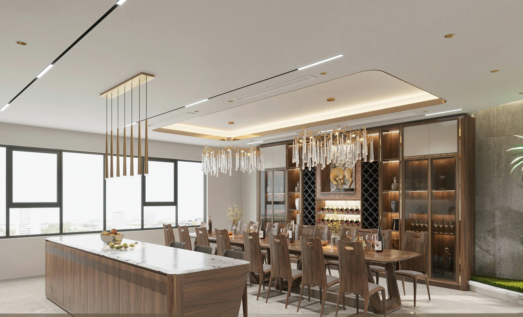 Bàn ăn phòng bếp 16 ghế gỗ óc chó hình chữ nhật bo góc với ghế tựa liền khối