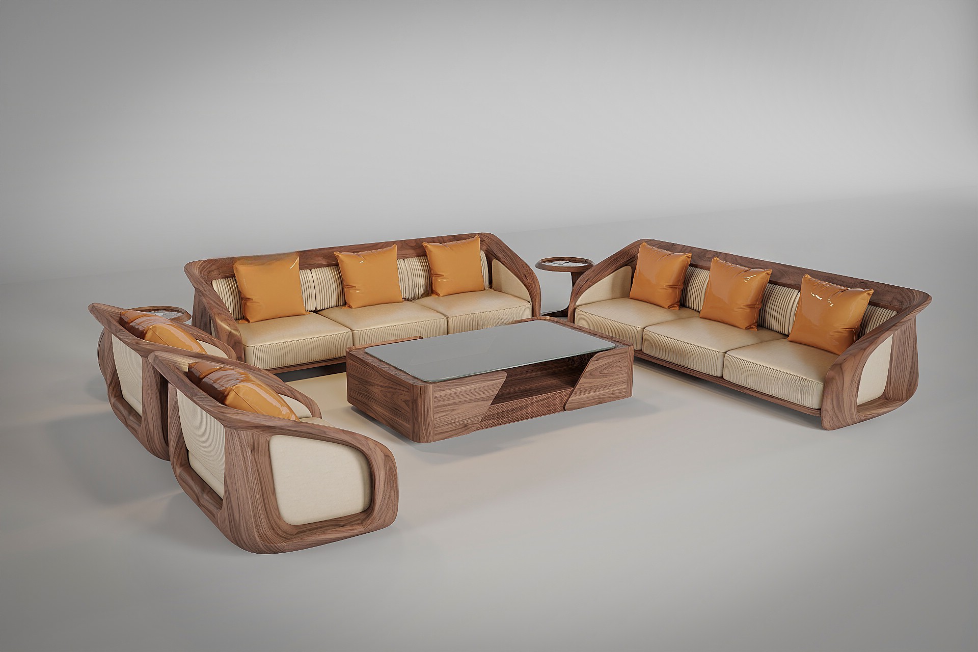 Bộ bàn ghế gỗ phòng khách hiện đại với ghế liền khối uốn cong và đệm da ánh kim