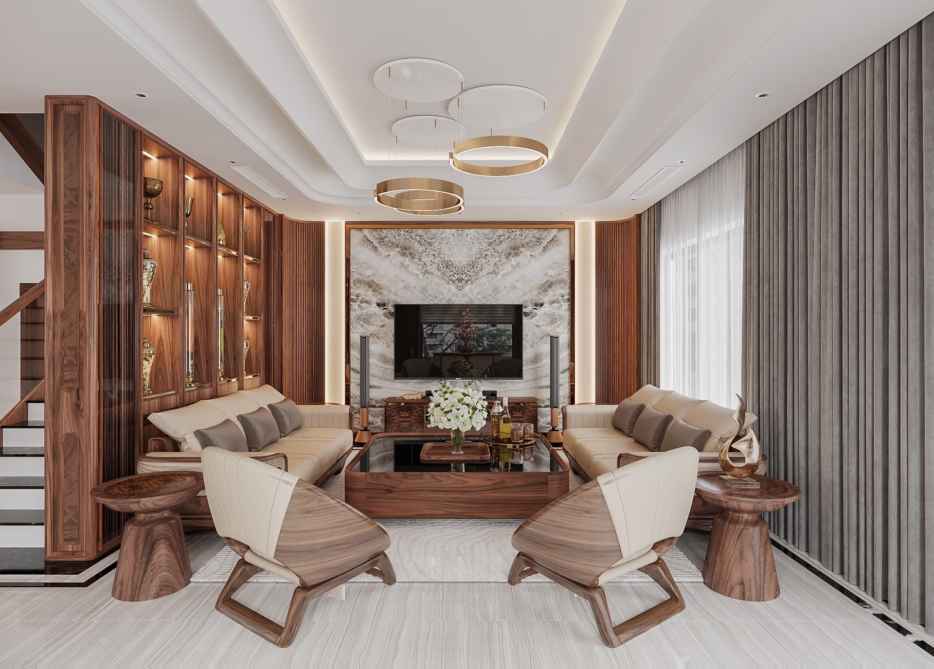 Bộ bàn ghế phòng khách đẹp gỗ óc chó tự nhiên sang trọng với ghế đơn dáng bán cầu và bàn trà mặt đá đen