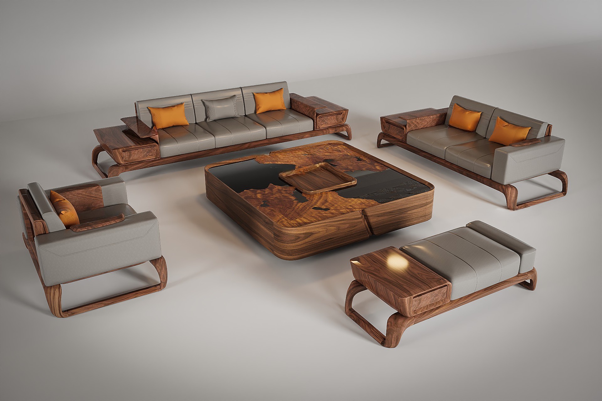 Bộ bàn ghế sofa gỗ tự nhiên 5 món với đệm da PU ghi đá và bàn trà gỗ kính đen