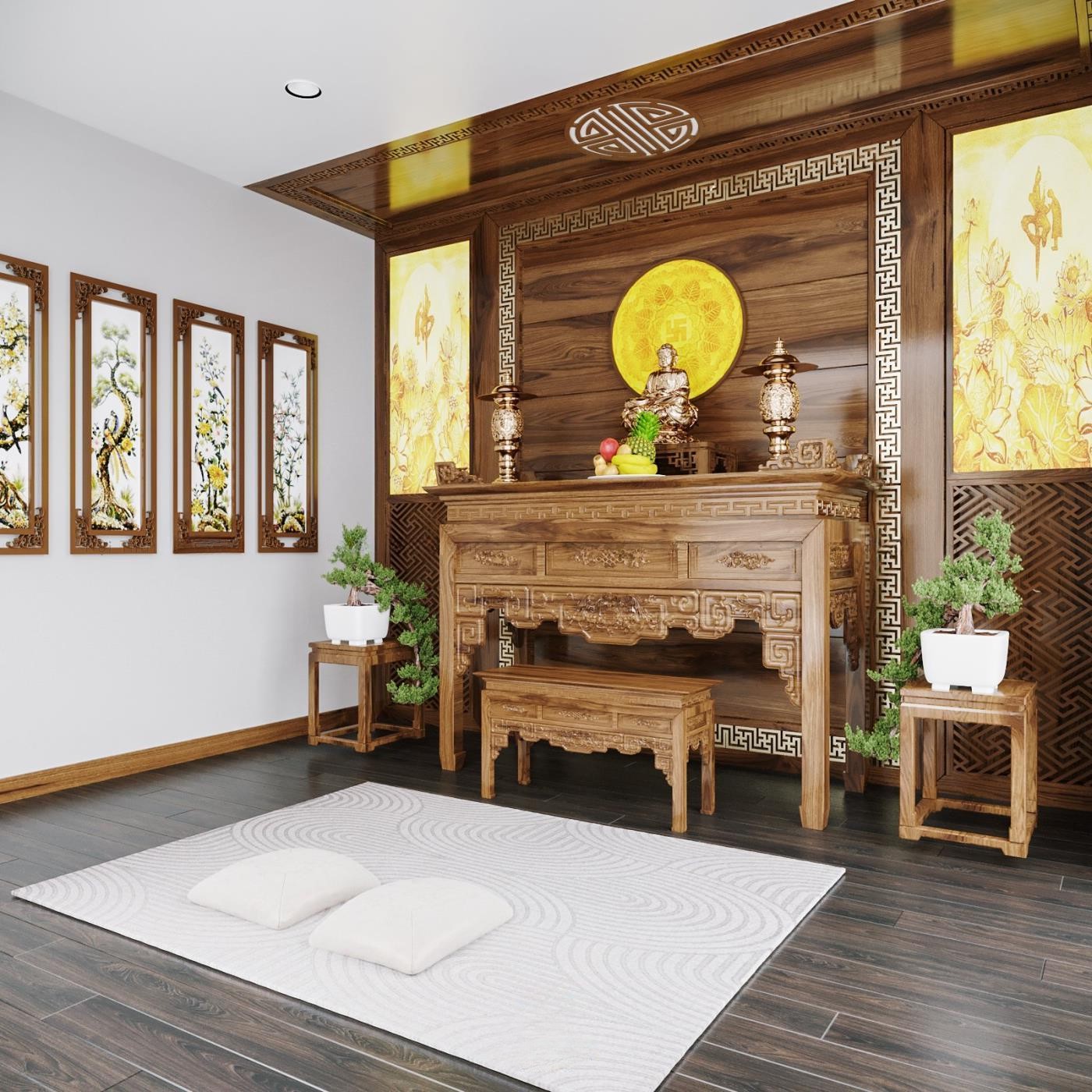 Bàn thờ gỗ óc chó kết hợp tranh trúc chỉ nghệ thuật