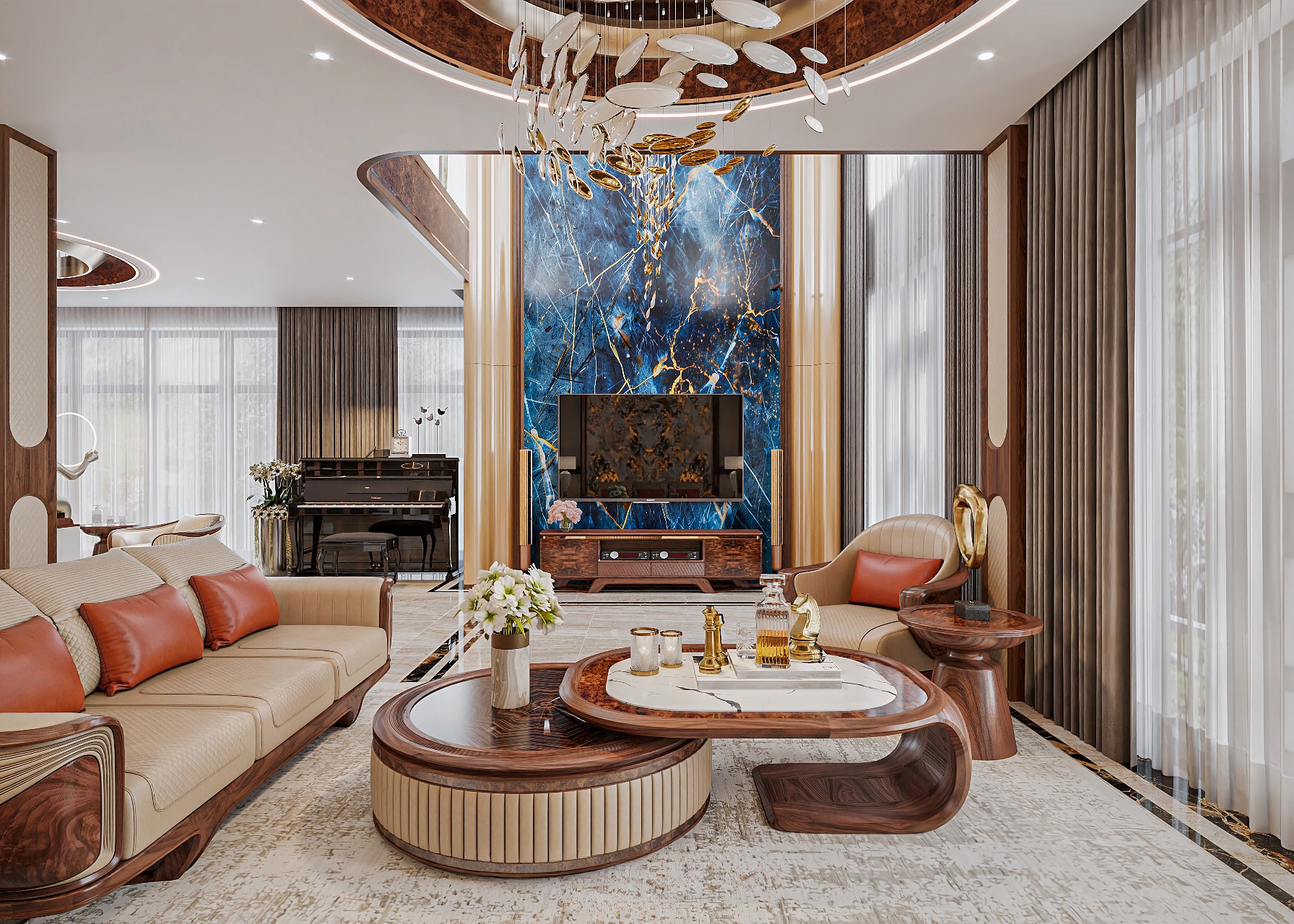 Bàn trà gỗ tròn hiện đại kết hợp mặt veneer và mặt đá marble sang trọng