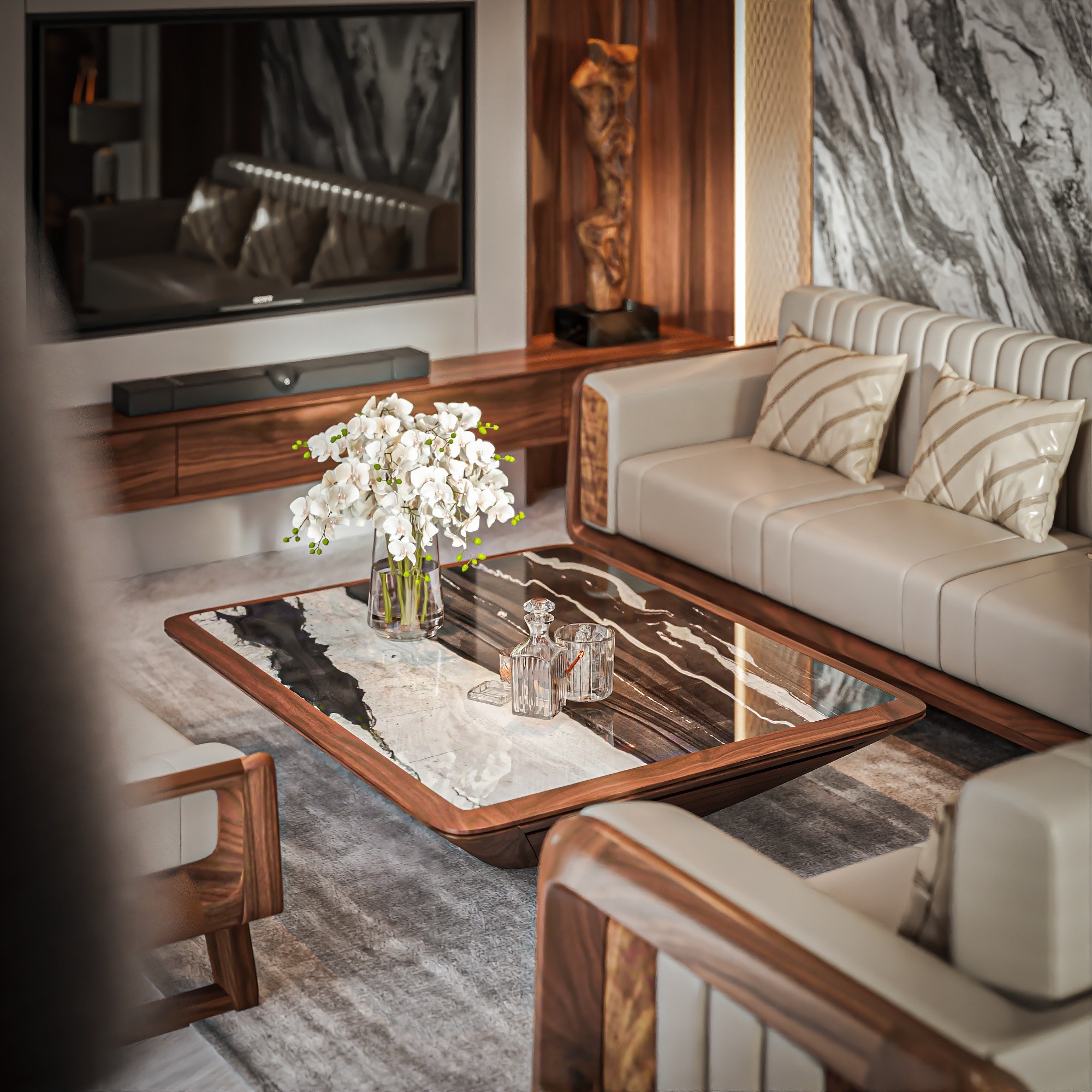 Bàn trà mặt đá cao cấp hình tháp cụt úp ngược với đá trắng phối đen