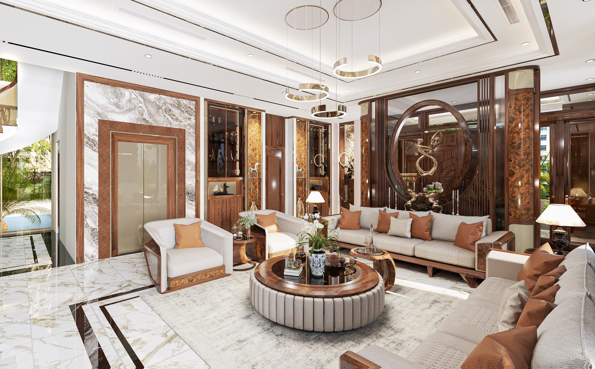 Bàn trà sofa hiện đại hình tròn mặt kính đen viền gỗ tự nhiên và bàn phụ chữ C