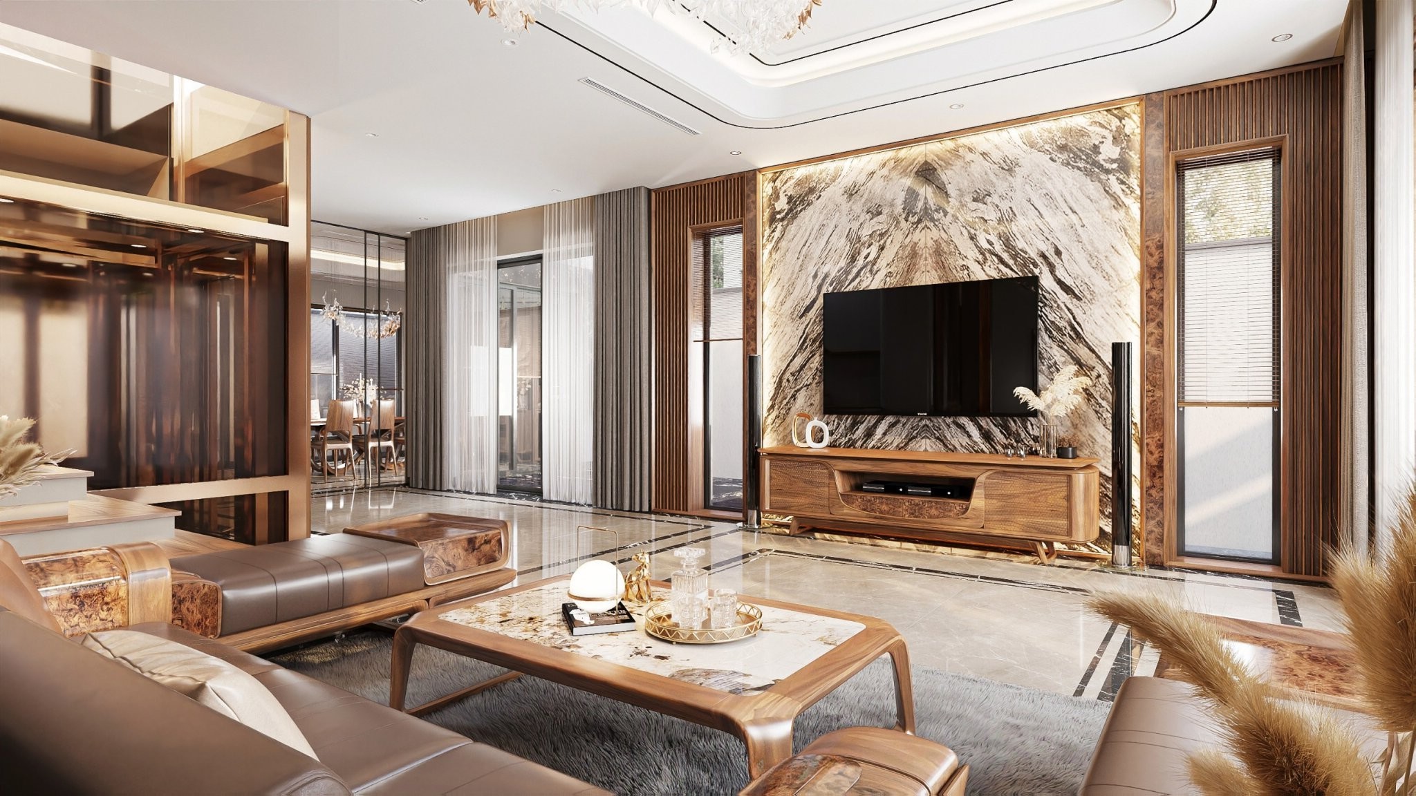 Bàn trà sofa mặt đá hình chữ nhật khung gỗ bo tròn