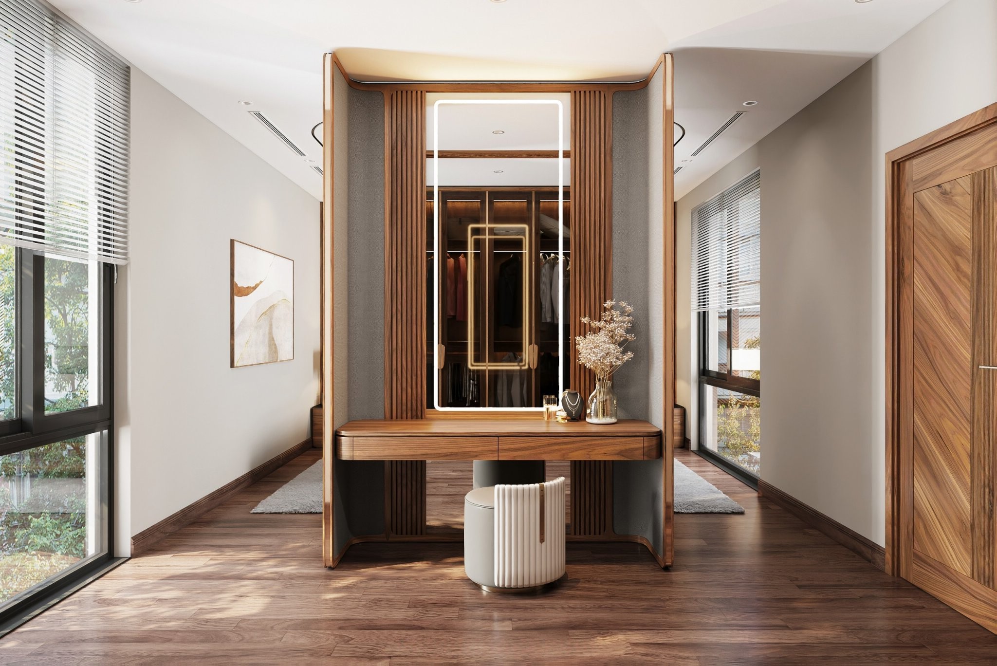 Bàn trang điểm cao cấp kết hợp vách ngăn kịch trần và gương LED