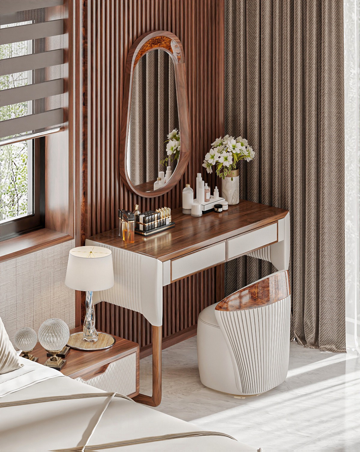 Bàn trang điểm gỗ cao cấp hiện đại với da bọc trắng kem và gương oval