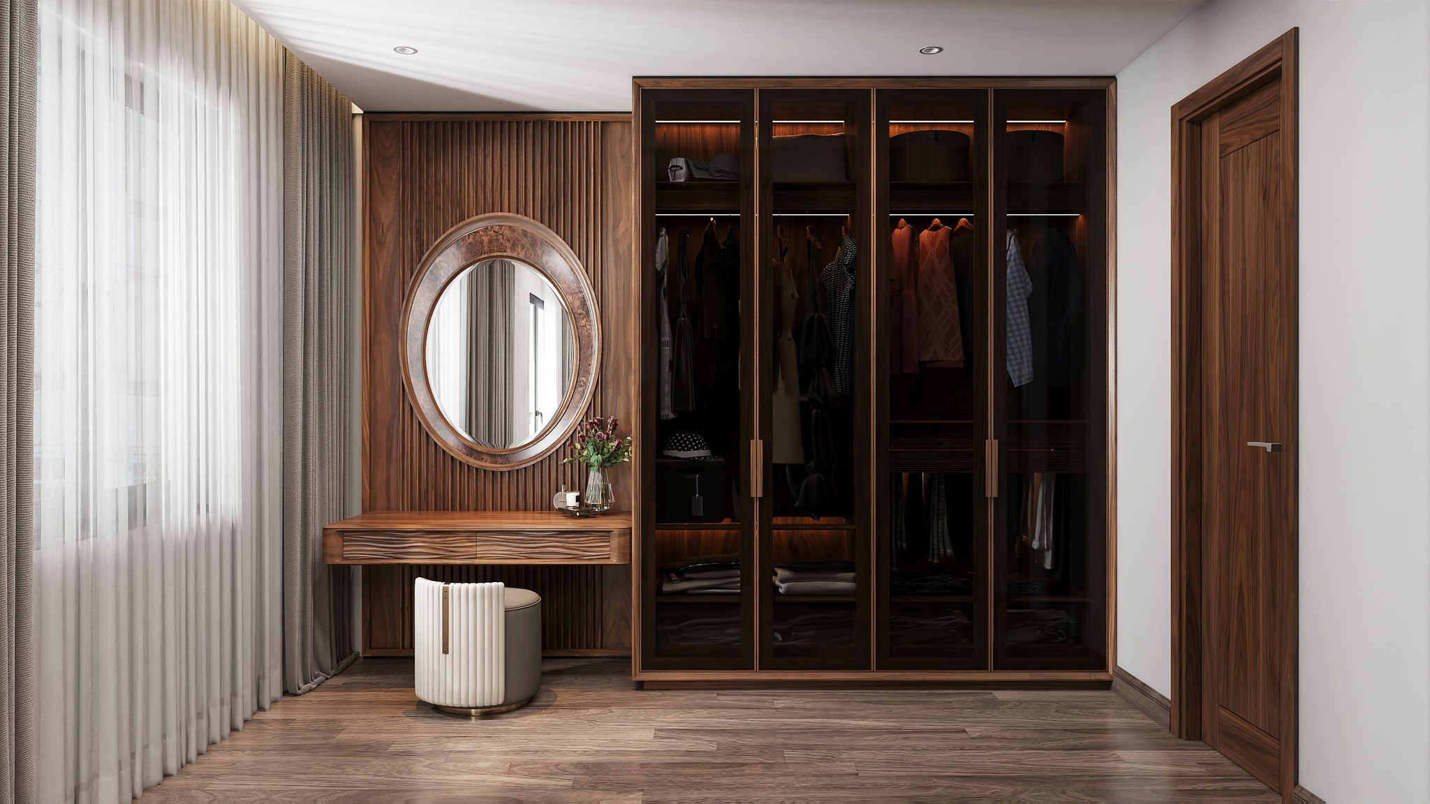 Bàn trang điểm gỗ tự nhiên hiện đại treo tường với gương oval và mặt cánh CNC sóng nước