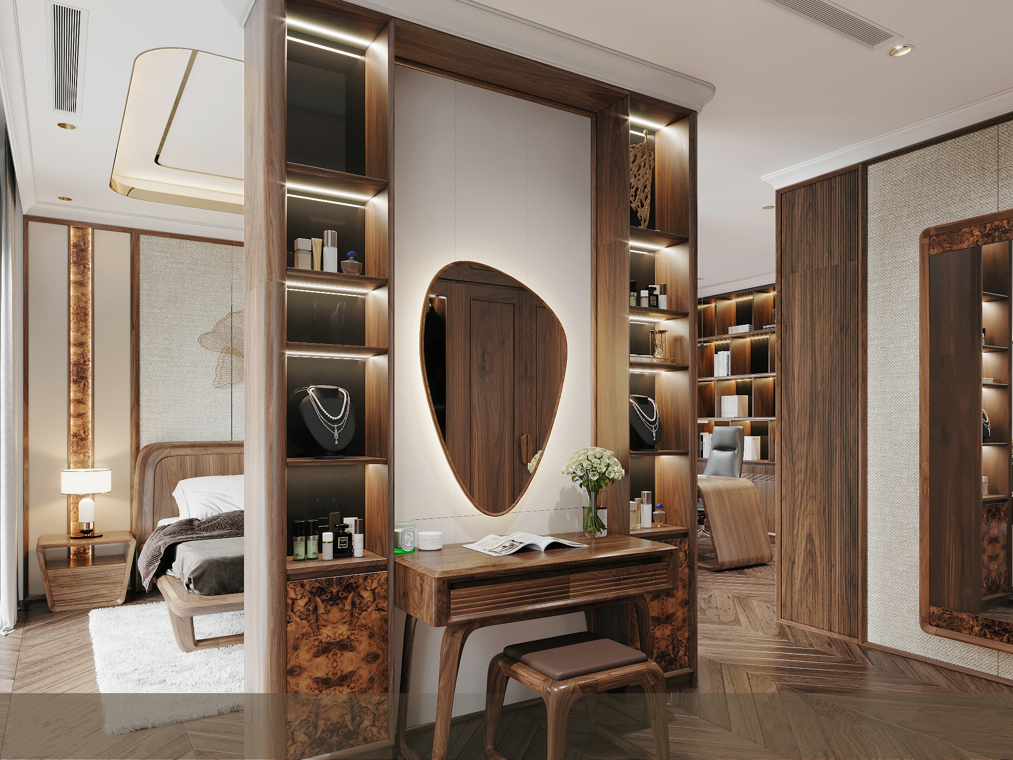 Bàn trang điểm gỗ tự nhiên hiện đại với ngăn kéo CNC kẻ sọc ngang