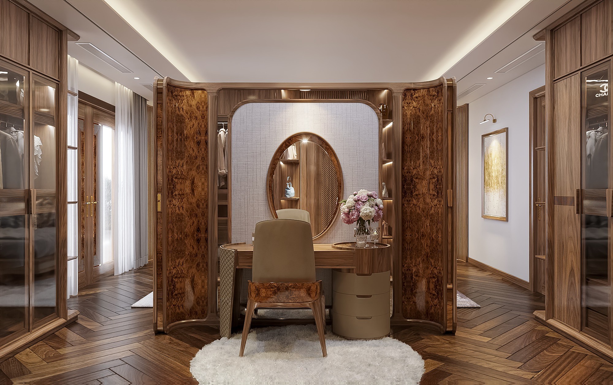 Bàn trang điểm phòng ngủ gỗ óc chó hoặc gỗ sồi thiết kế chân bán nguyệt ốp da chần bông và tủ ngăn kéo hiện đại