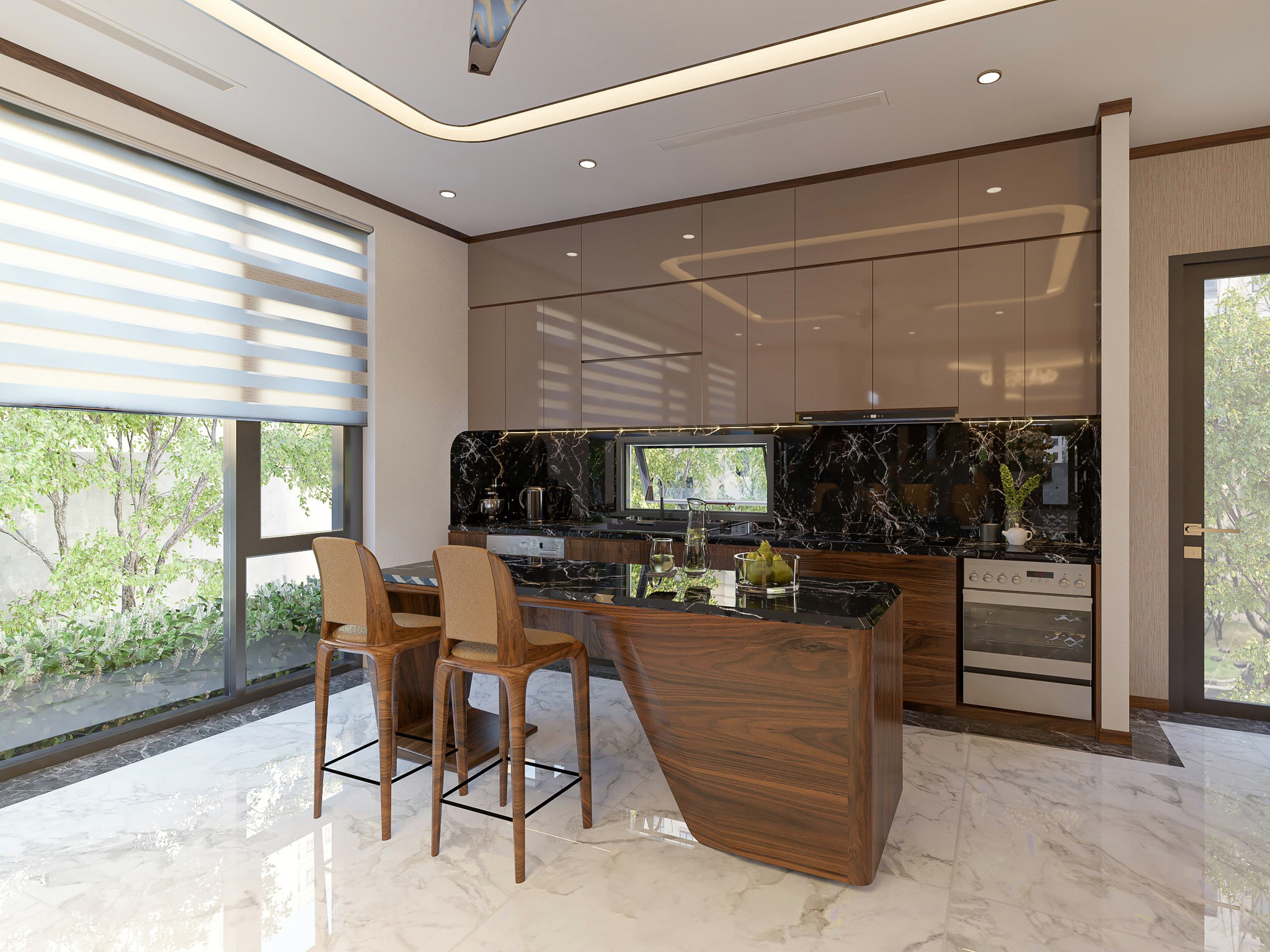 Tủ bếp gỗ óc chó chữ I hiện đại sang trọng