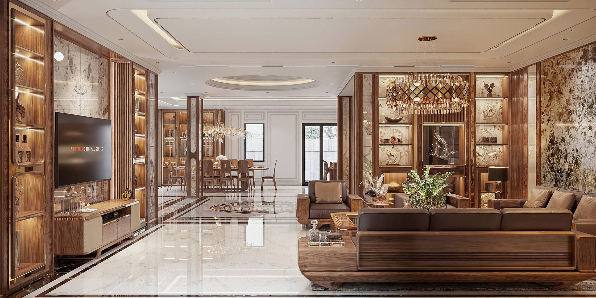 Nội thất biệt thự gỗ óc chó khu khách bếp với sofa da bò và đá xuyên sáng