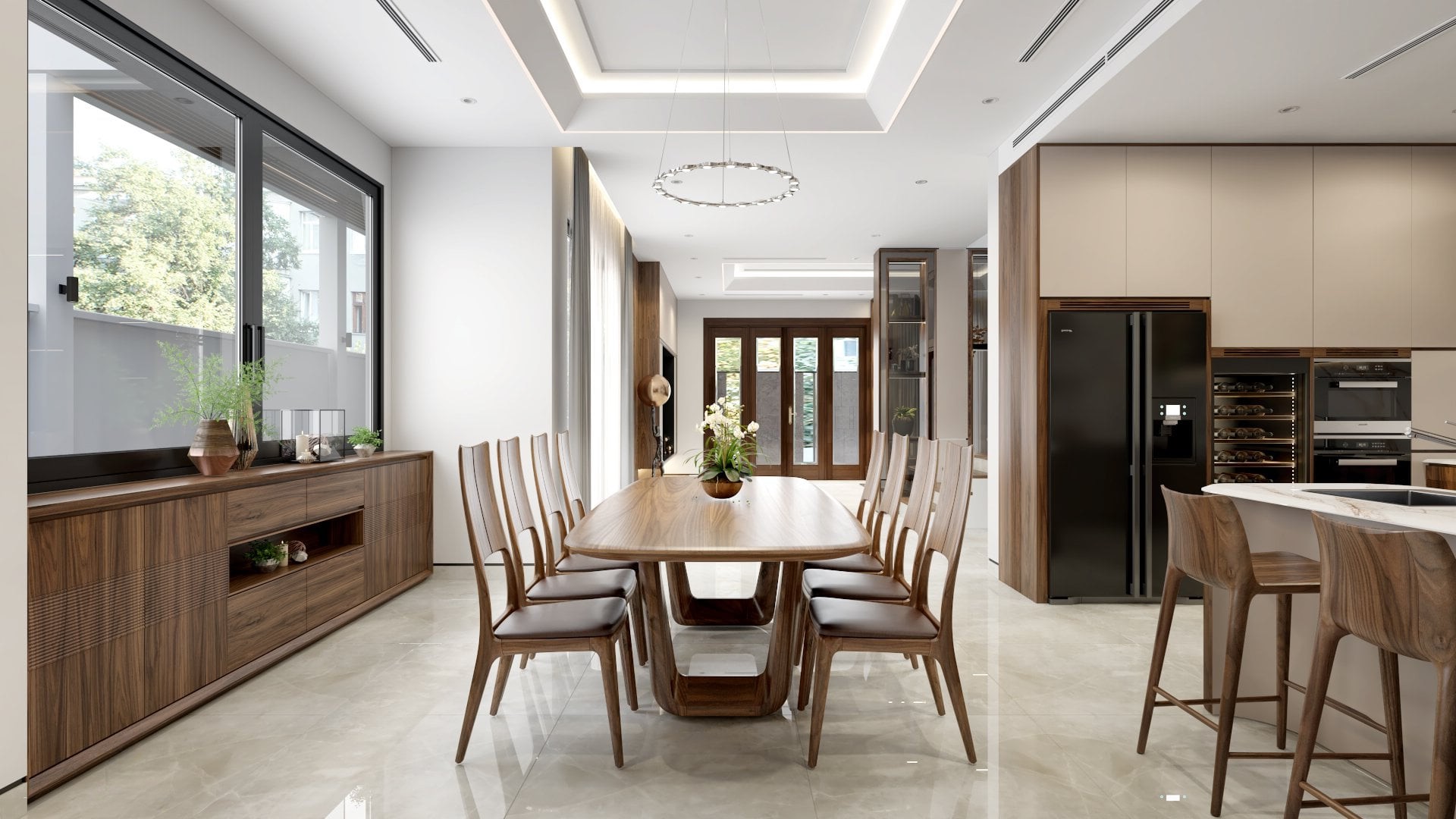 Bộ bàn ăn 8 ghế gỗ sồi hiện đại với mặt chữ nhật và ghế bọc da nâu đậm