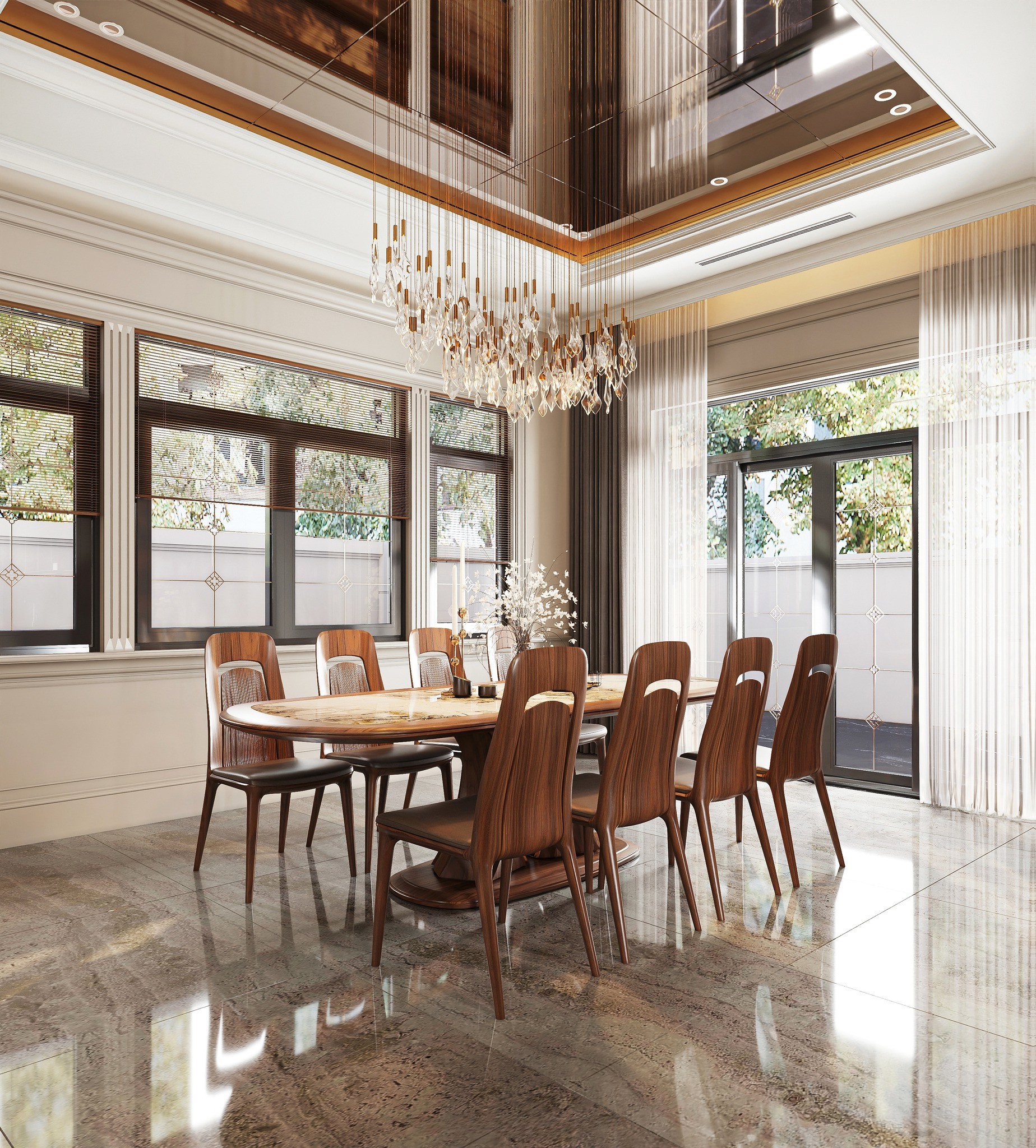 Bộ bàn ăn mặt đá 8 ghế gỗ óc chó mặt oval ốp đá cẩm thạch