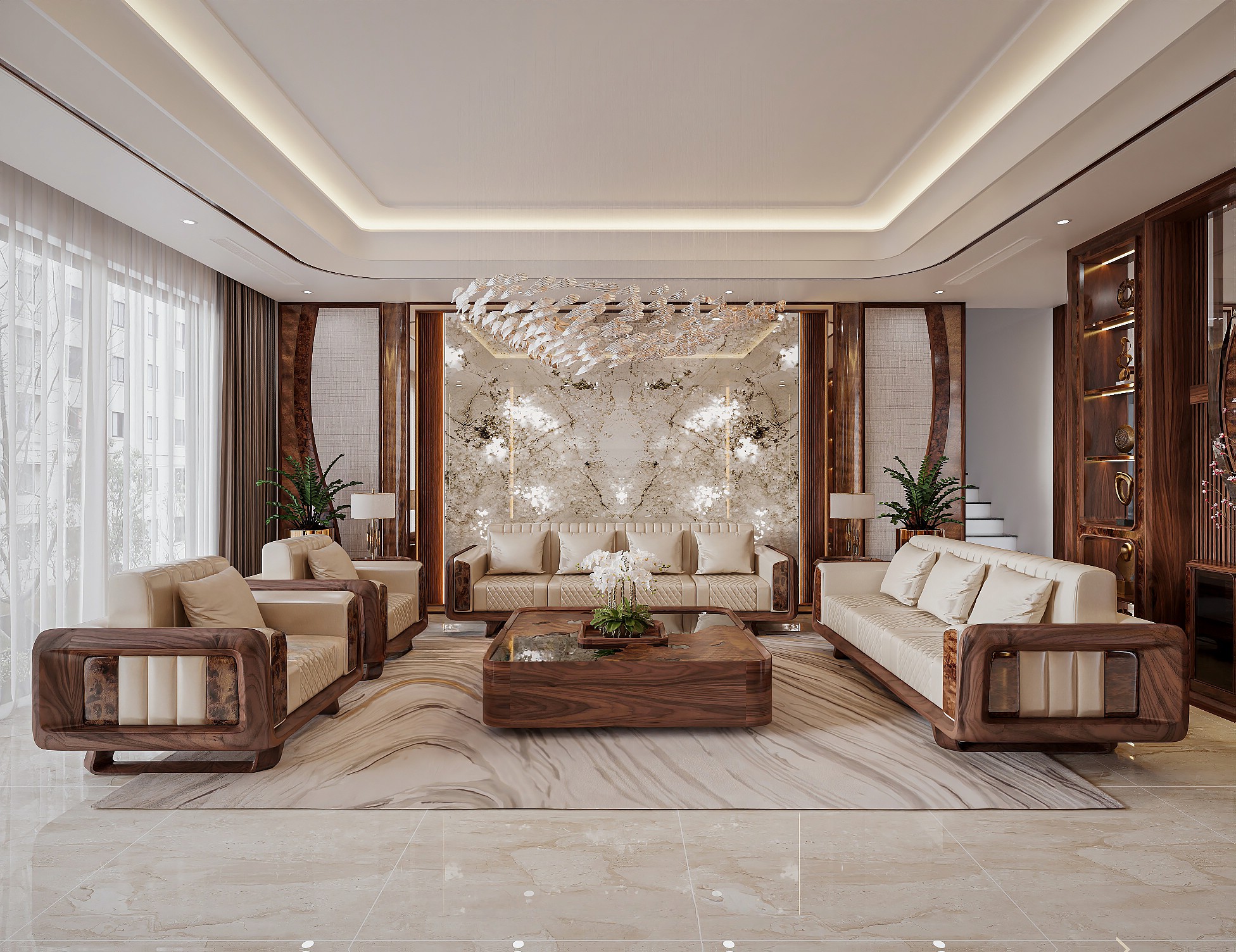 Bộ bàn ghế gỗ óc chó sang trọng cho phòng khách lớn