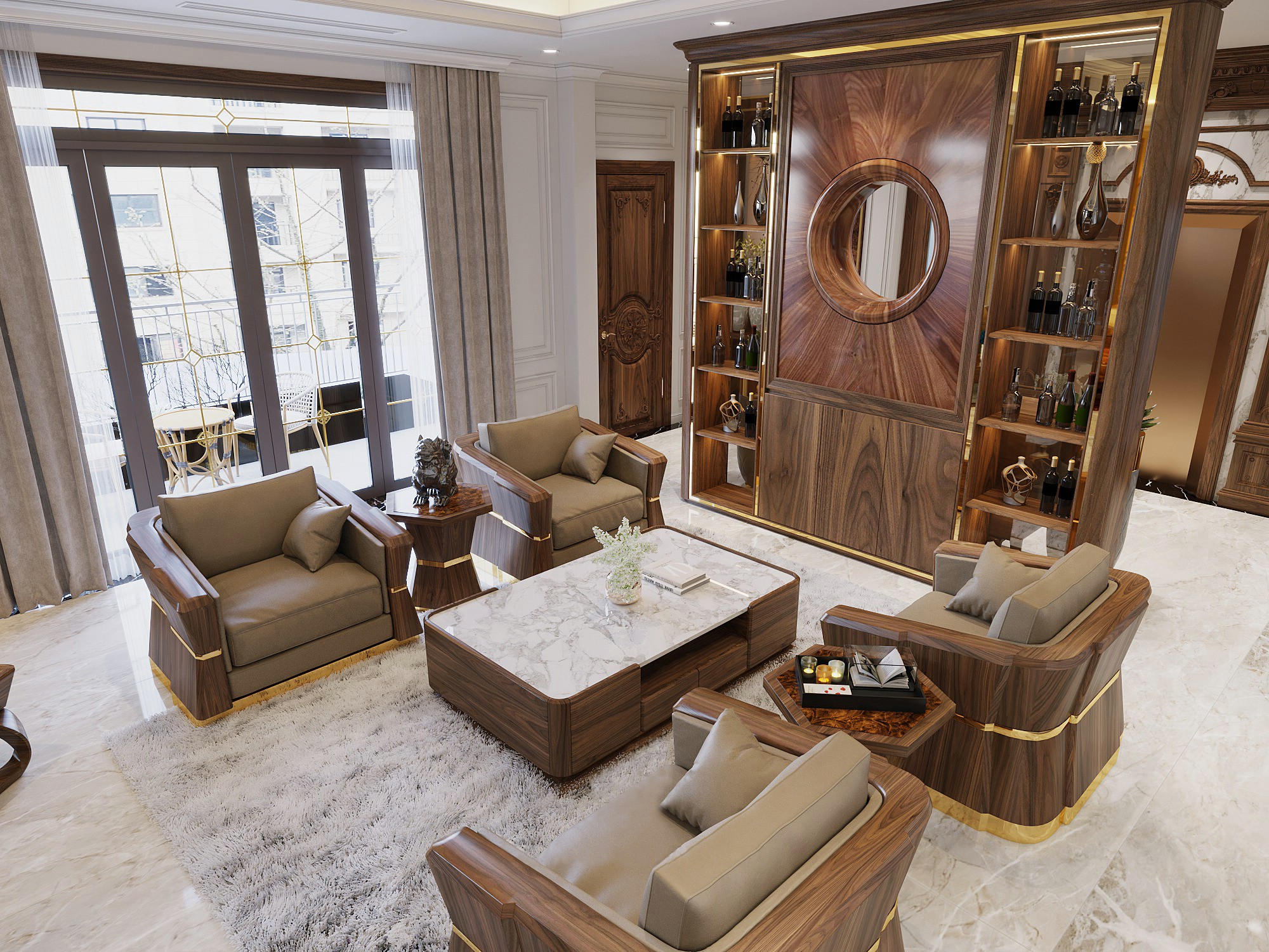 Mẫu bàn ghế phòng khách đẹp đơn giản gỗ tự nhiên và bàn trà mặt đá granite trắng loang xám