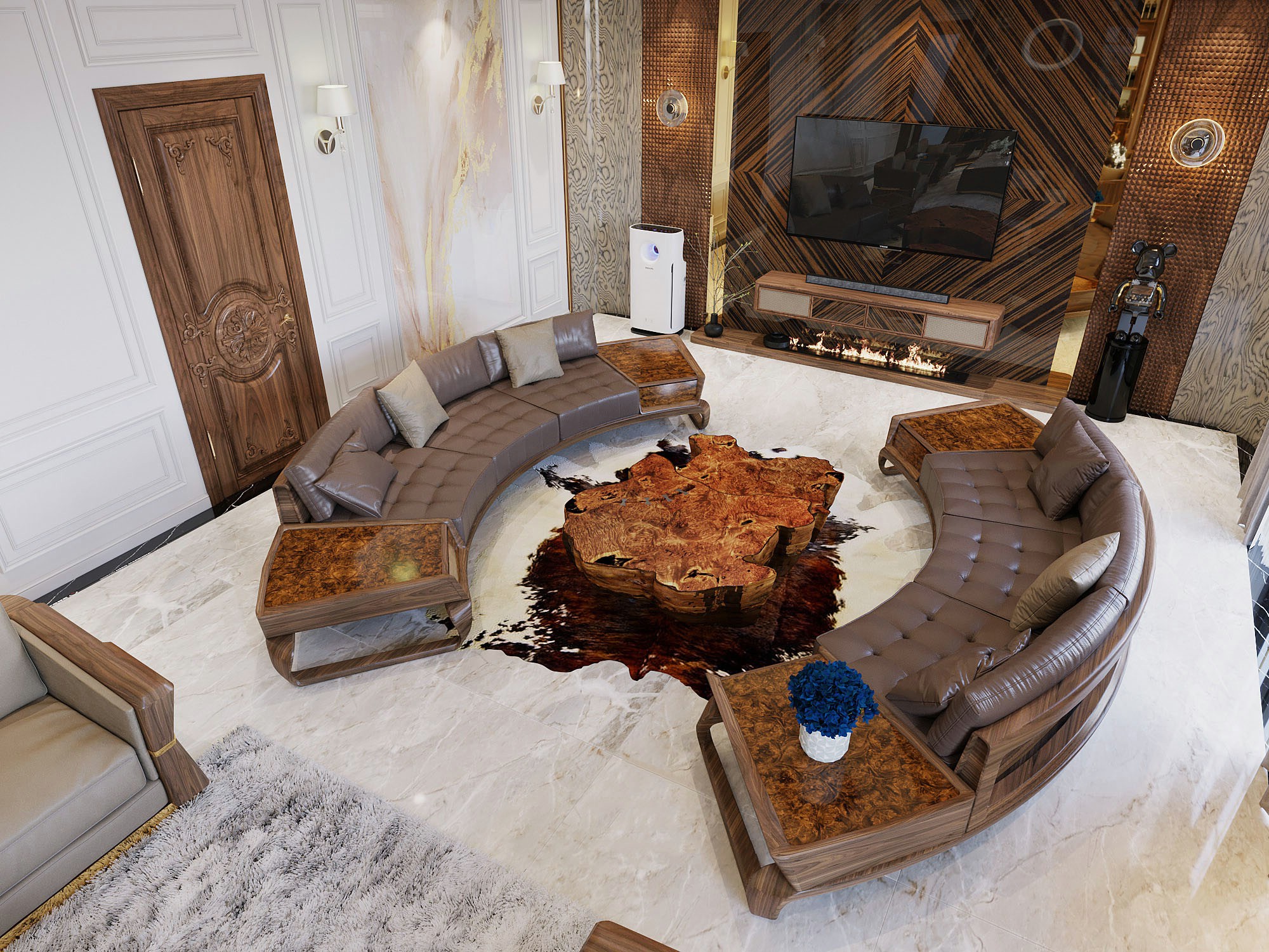 Bộ bàn ghế phòng khách gỗ óc chó màu nâu gụ với thiết kế vòm cung sang trọng