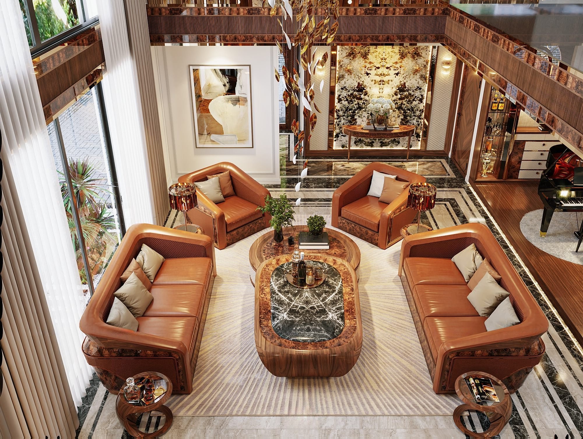 Bộ bàn ghế phòng khách hiện đại veneer nu CNC mắt cáo và bàn trà marble – gỗ