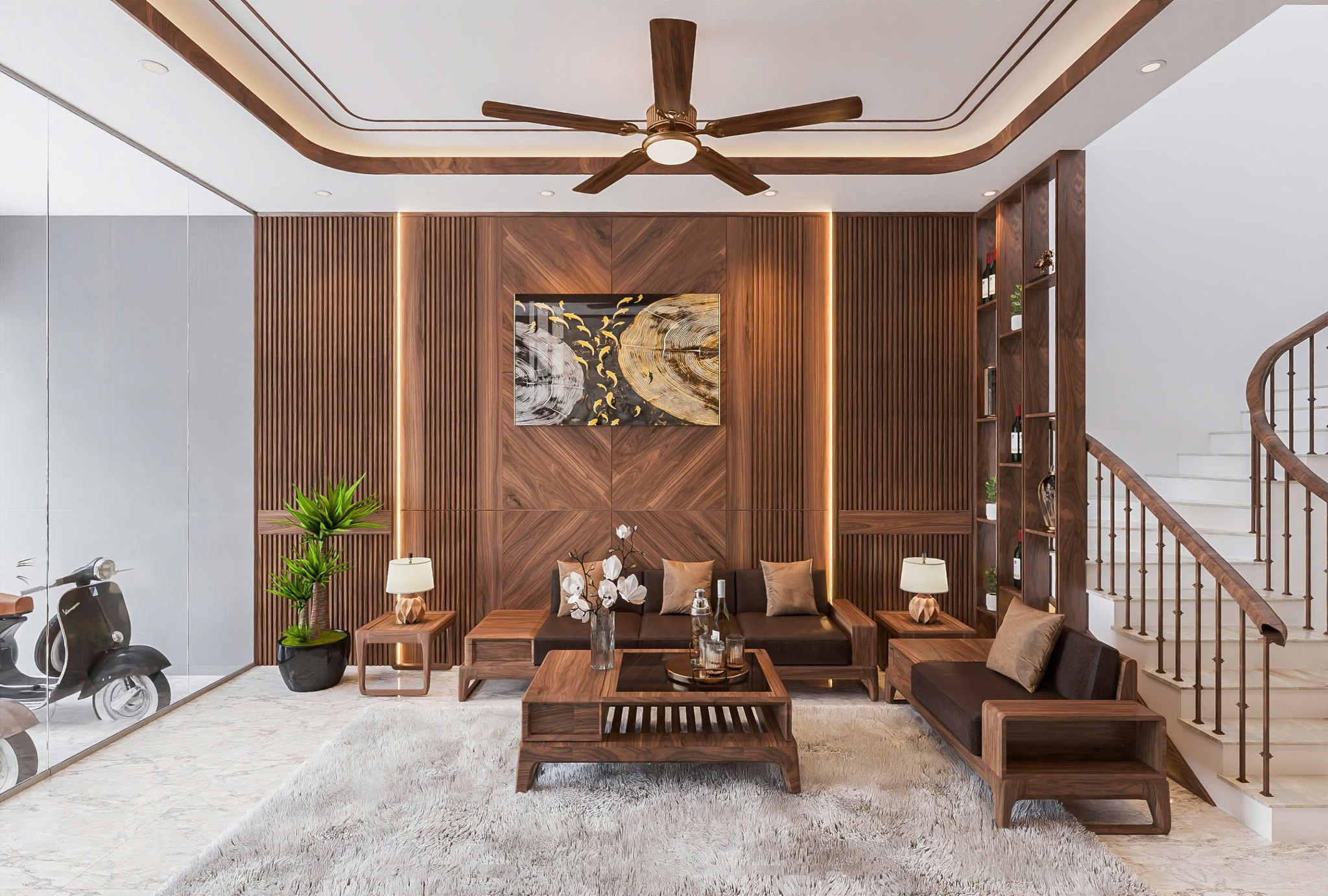 Bộ bàn ghế phòng khách nhỏ gọn bằng gỗ tự nhiên và da PU nâu đen