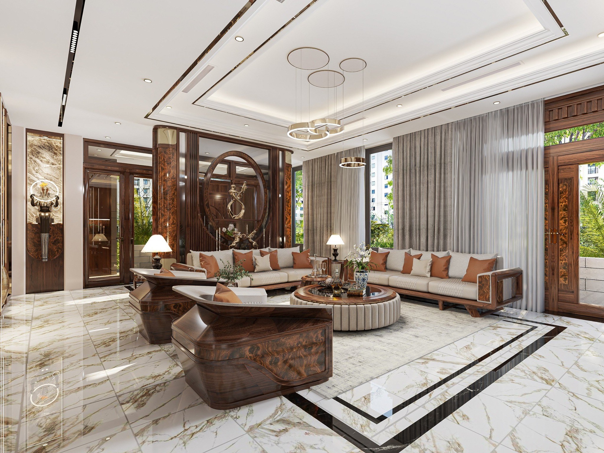 Bộ bàn ghế sofa gỗ phòng khách hiện đại với sofa văng và bàn trà tròn