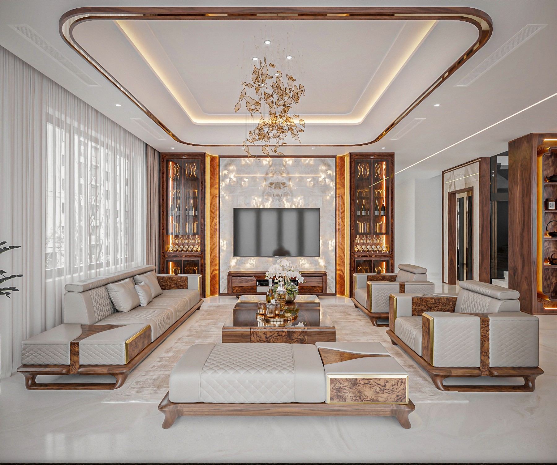 Bộ sofa gỗ óc chó kết hợp da bò và Nu sang trọng