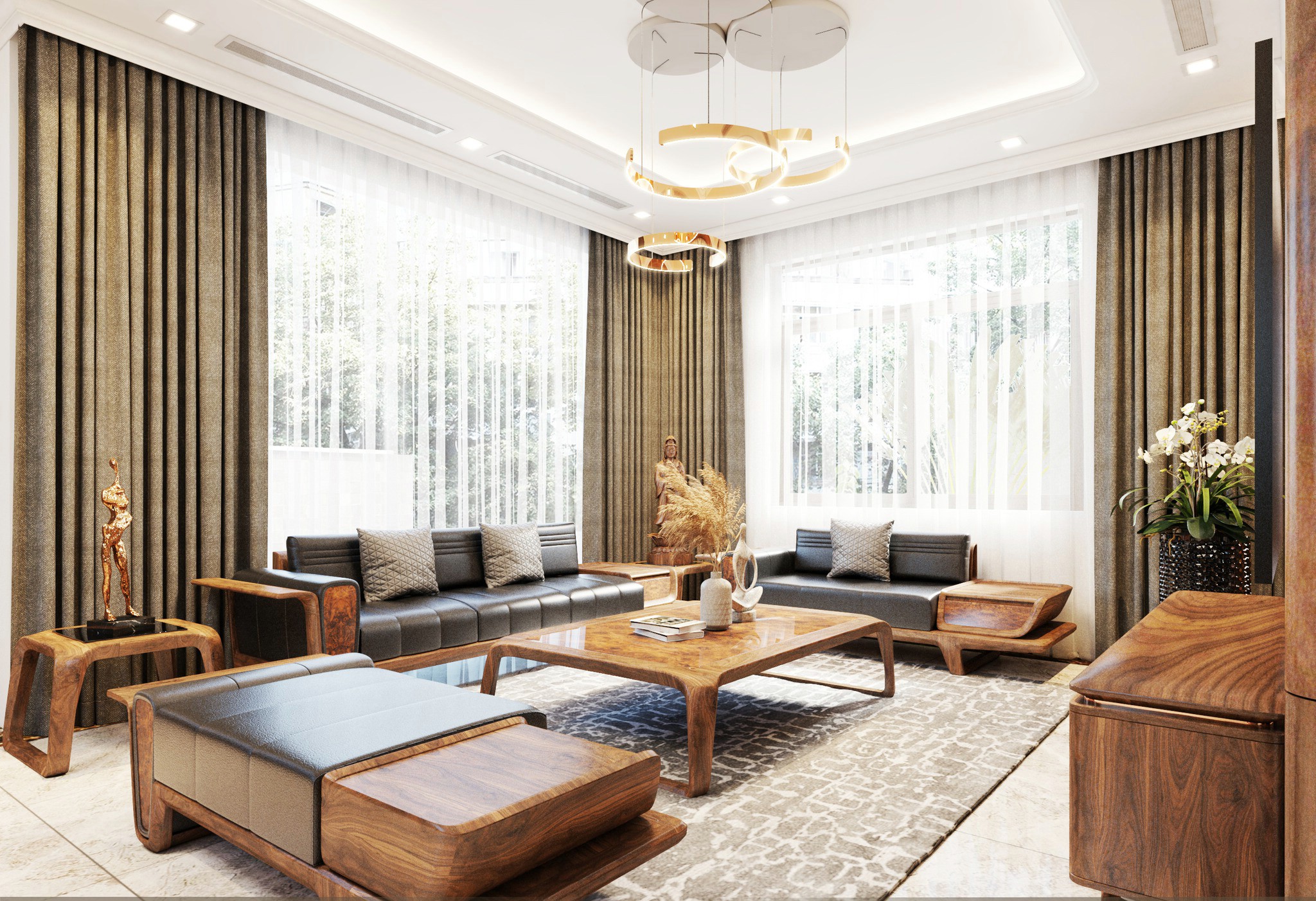 Bộ sofa gỗ phòng khách dáng thấp gỗ óc chó kết hợp đệm da đen và bàn trà veneer nu