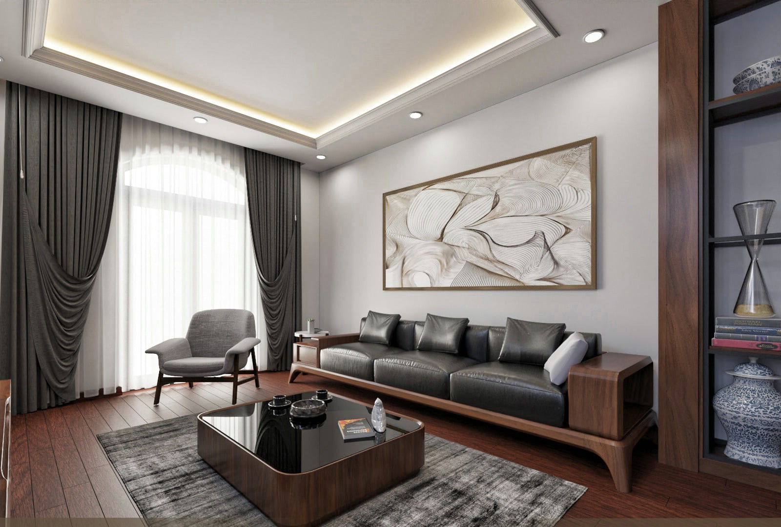 Ghế sofa gỗ đơn giản nhỏ gọn với sofa văng 3 chỗ gỗ óc chó và đệm da đen sang trọng