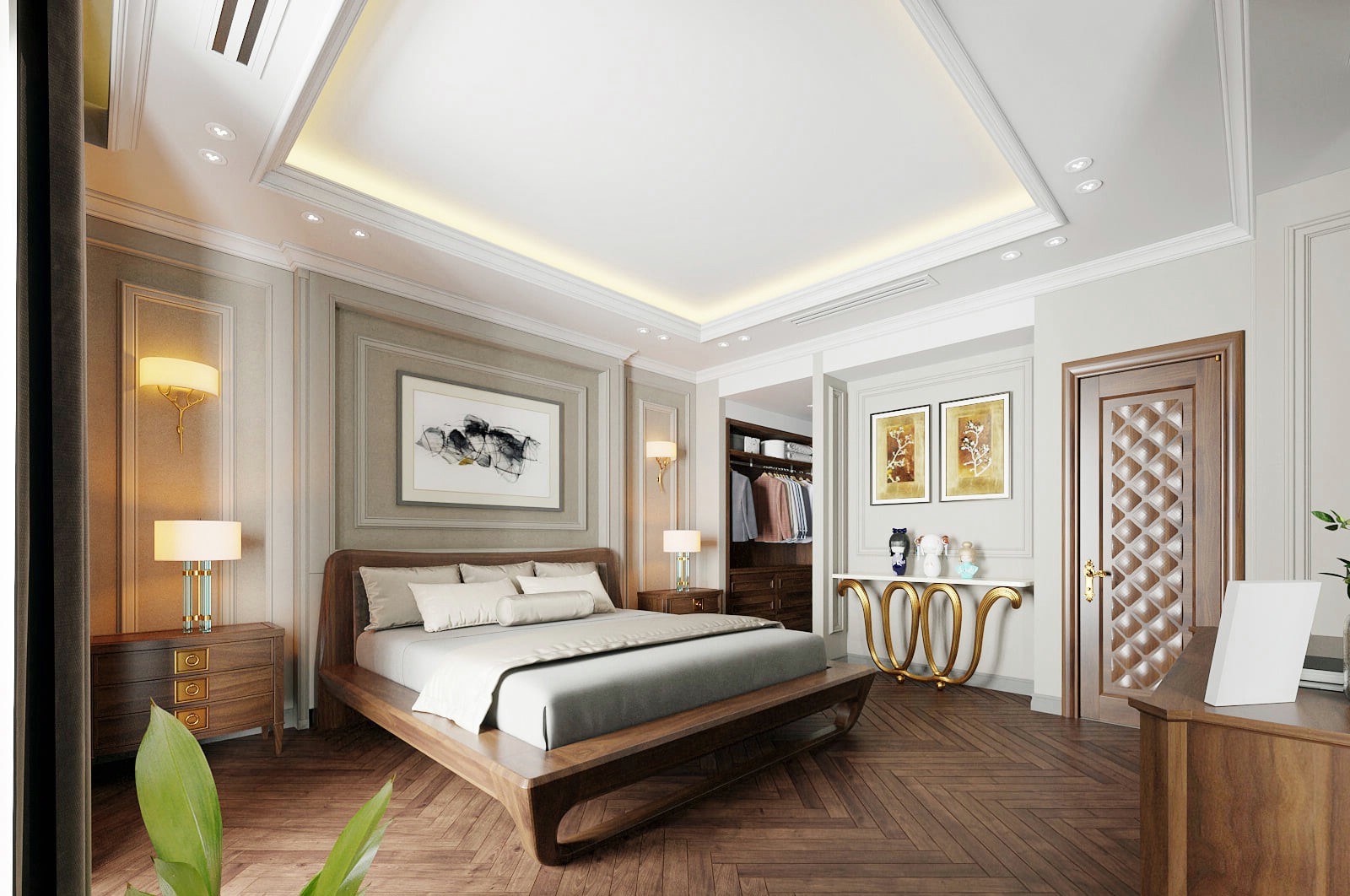 Giường gỗ bo cong liền khối, táp đầu giường đồng bộ và ánh sáng hắt