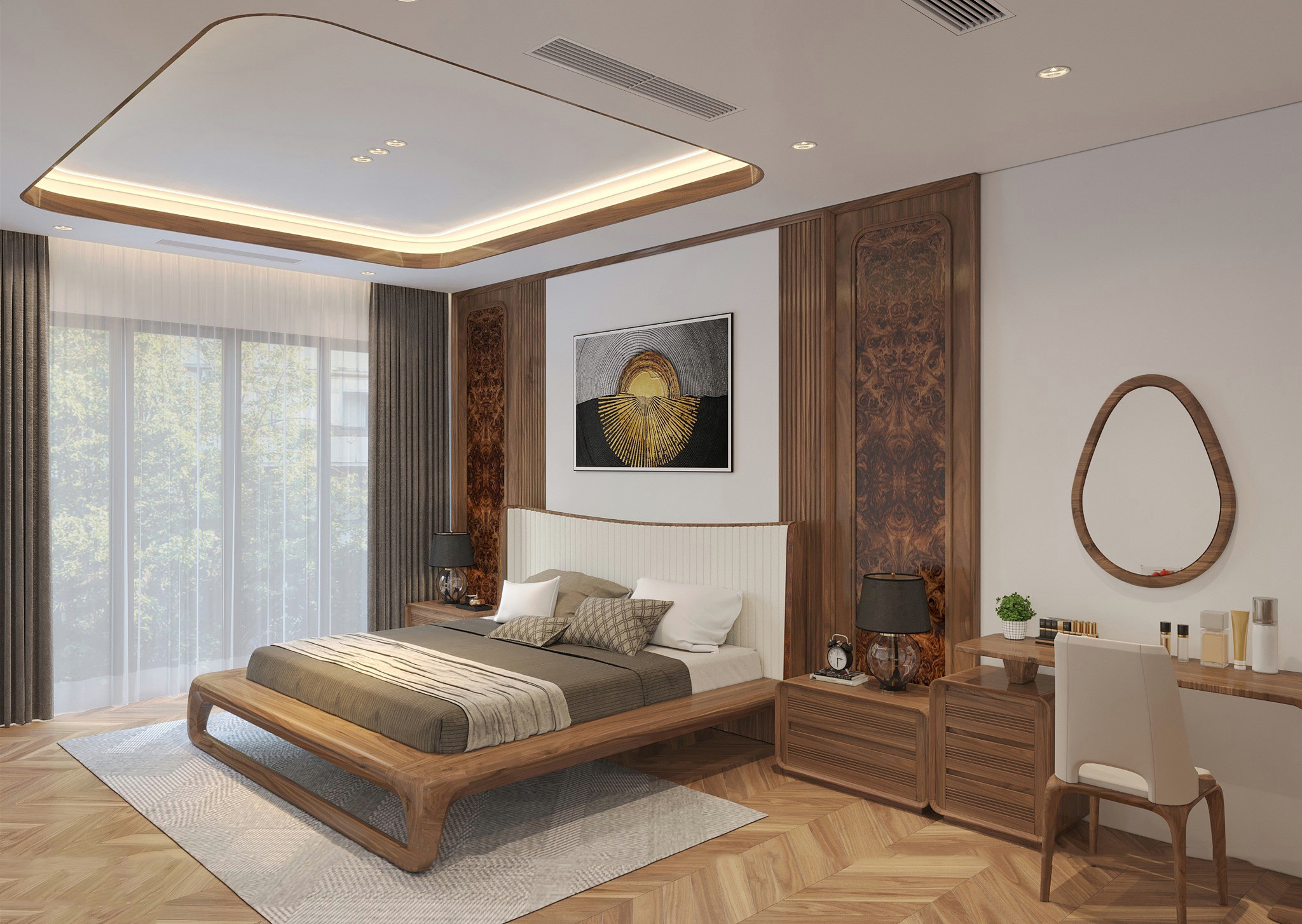 Giường ngủ 1m8 gỗ tự nhiên hiện đại với tựa đầu bọc da kẻ sọc