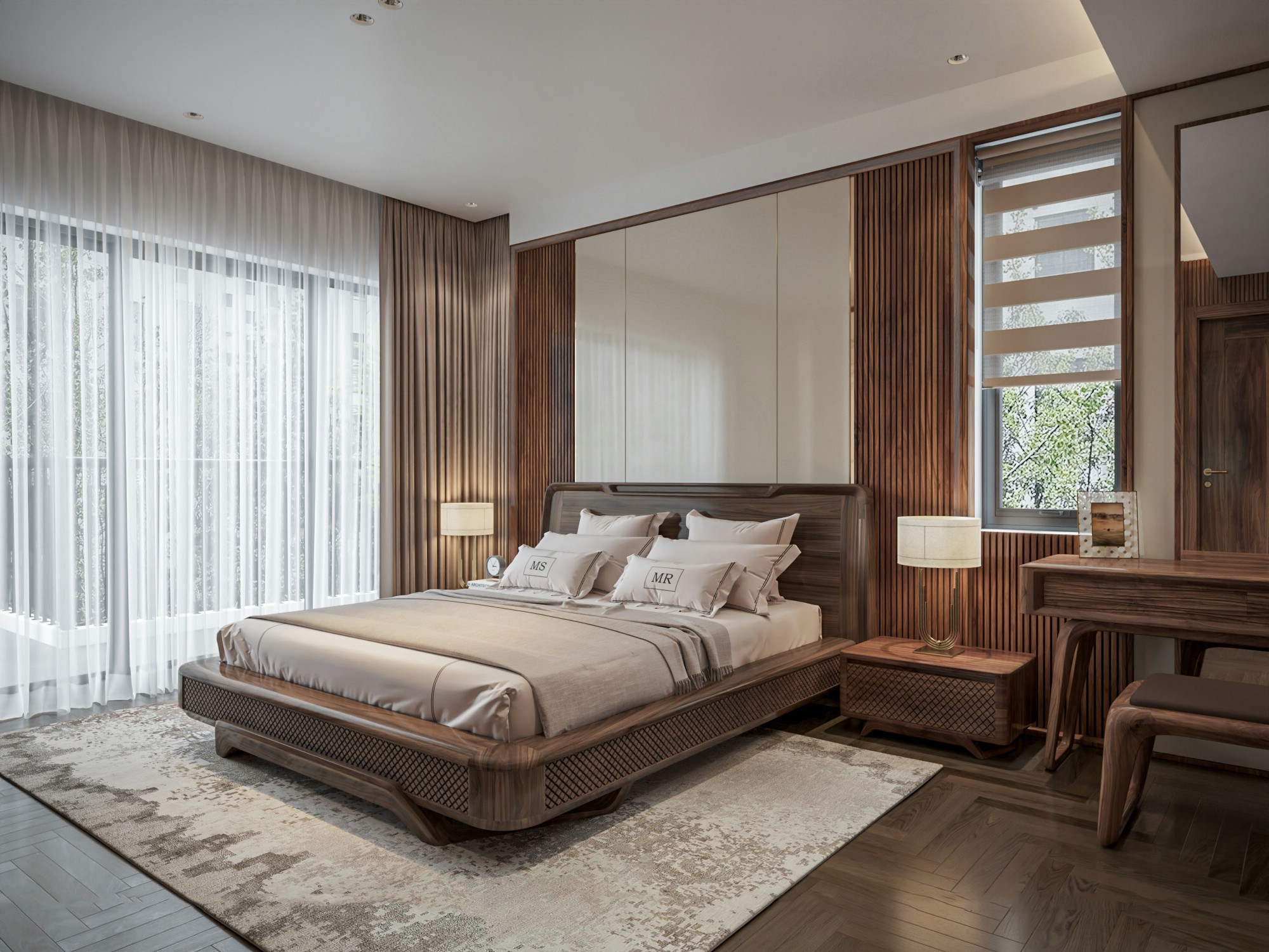 Giường ngủ bằng gỗ óc chó bo tròn họa tiết CNC mắt cáo