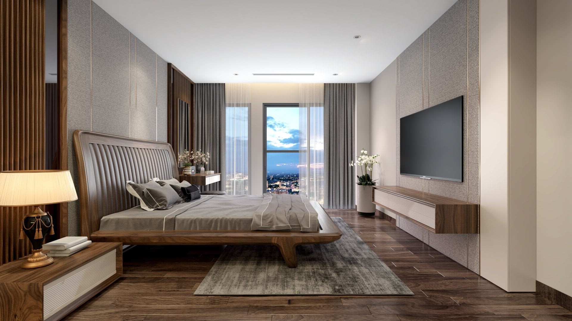 Giường ngủ đẹp hiện đại bằng gỗ óc chó hoặc gỗ sồi với tựa đầu bọc da sang trọng