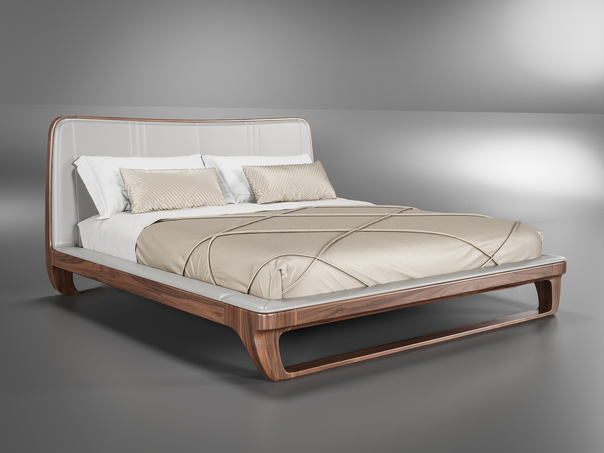 Giường ngủ gỗ cao cấp hiện đại với tựa đầu bọc da ghi đá