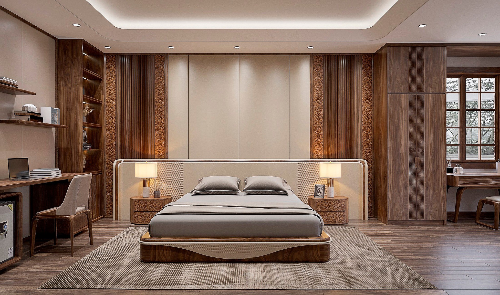 Giường ngủ gỗ hiện đại màu nâu đậm với tựa đầu bọc da quả trám