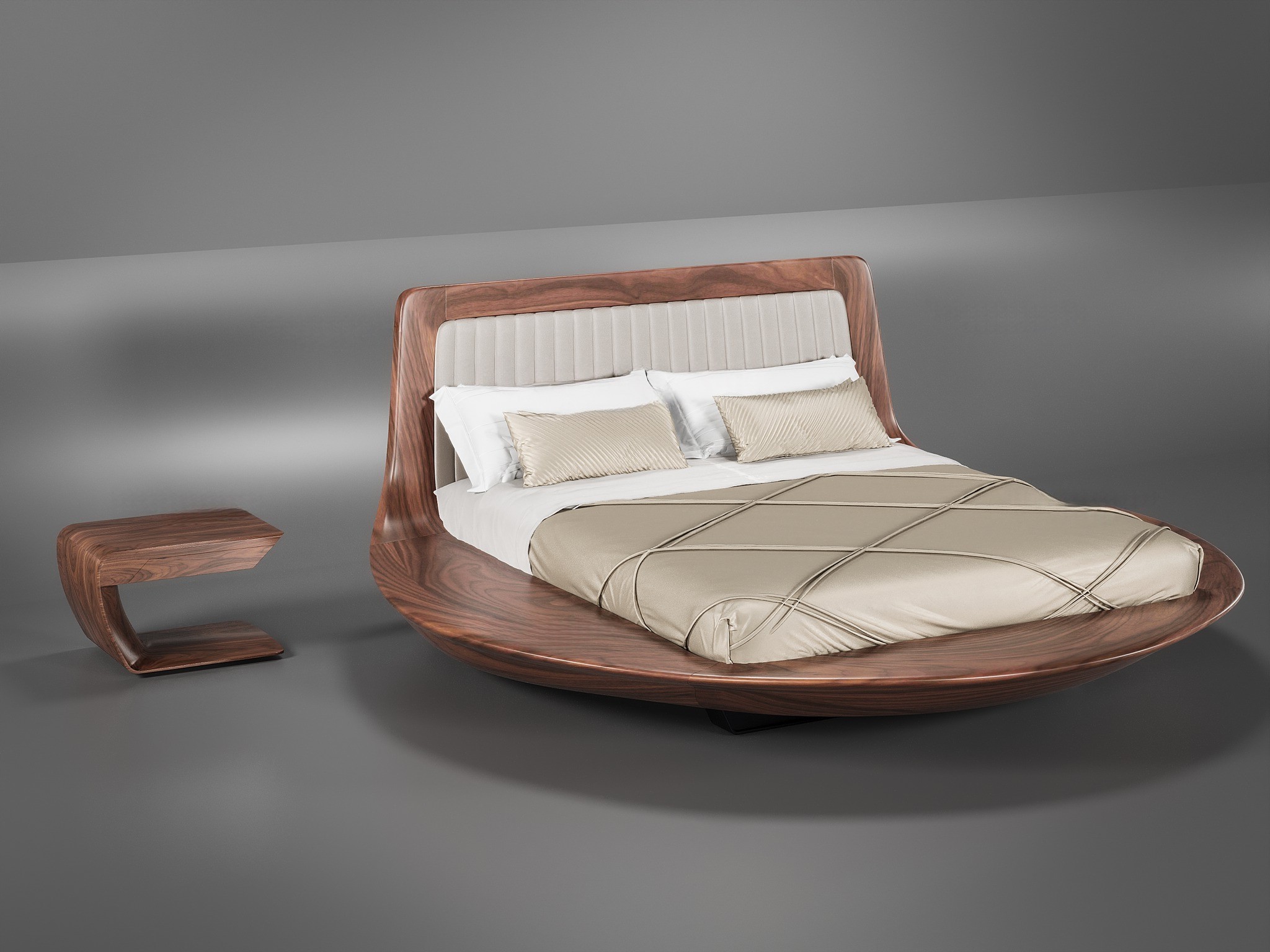 Giường ngủ gỗ tự nhiên cao cấp kiểu dáng tròn với tựa lưng bọc da màu be