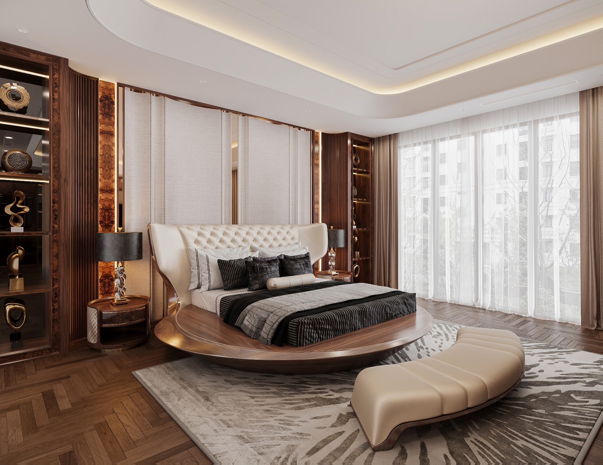 Giường ngủ gỗ tự nhiên hiện đại với điểm nhấn hình tròn và tựa bọc nỉ