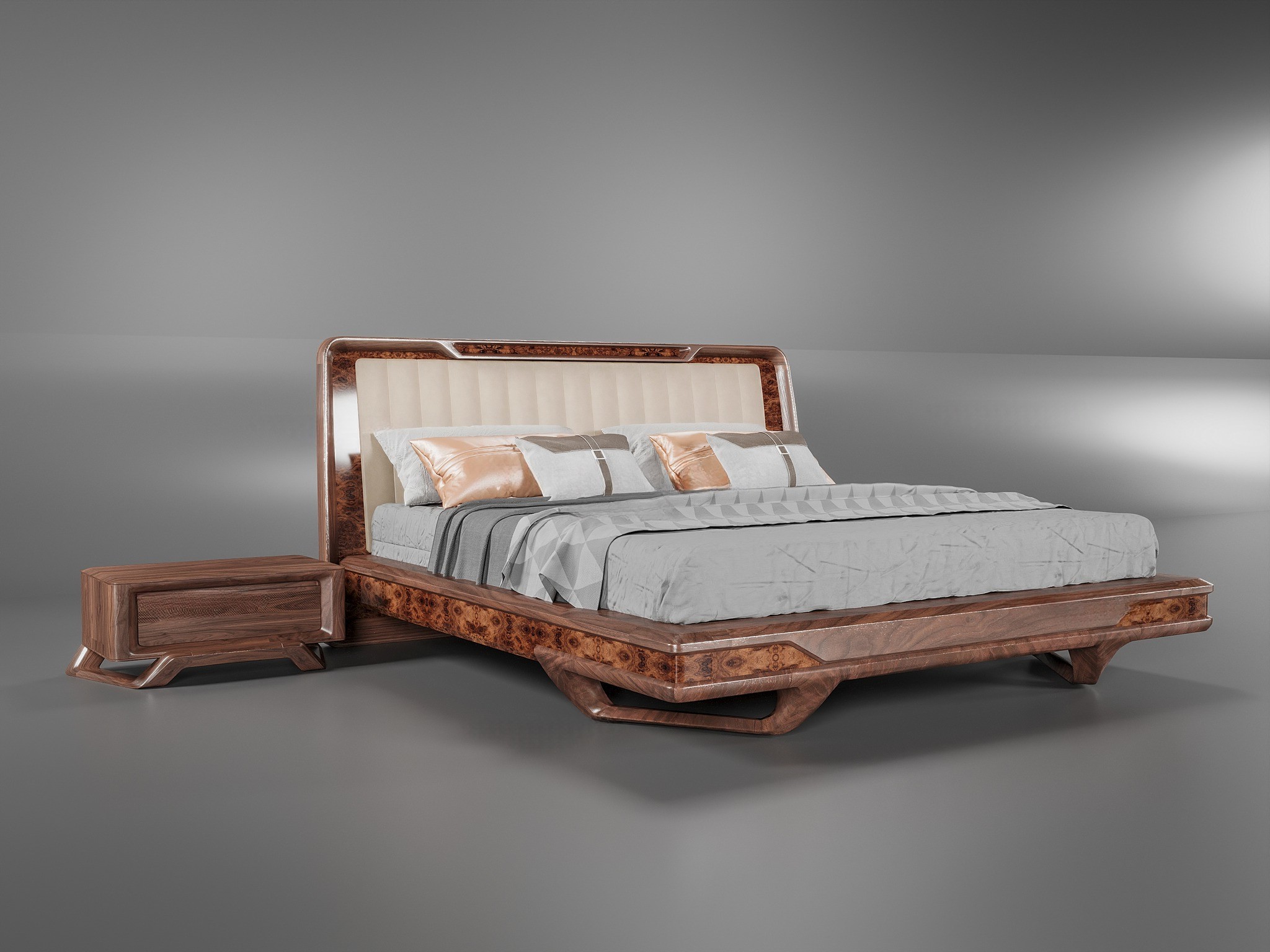 Giường ngủ gỗ tự nhiên dáng hộp chữ nhật hiện đại với tựa đầu bọc da trắng kem và khung veneer nu sang trọng