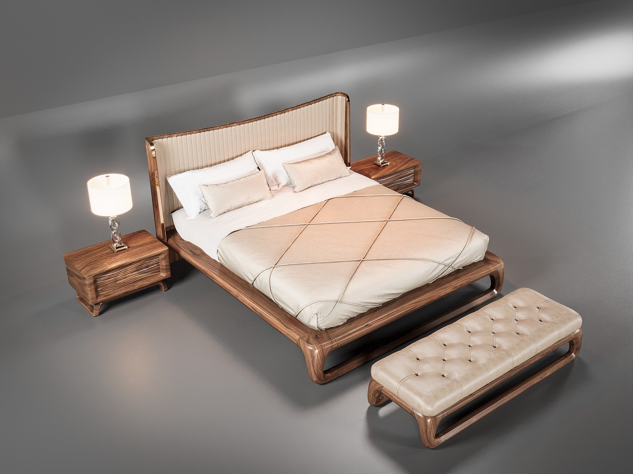 Giường ngủ hiện đại cao cấp với khung gỗ bo tròn và tựa đầu bọc da sang trọng