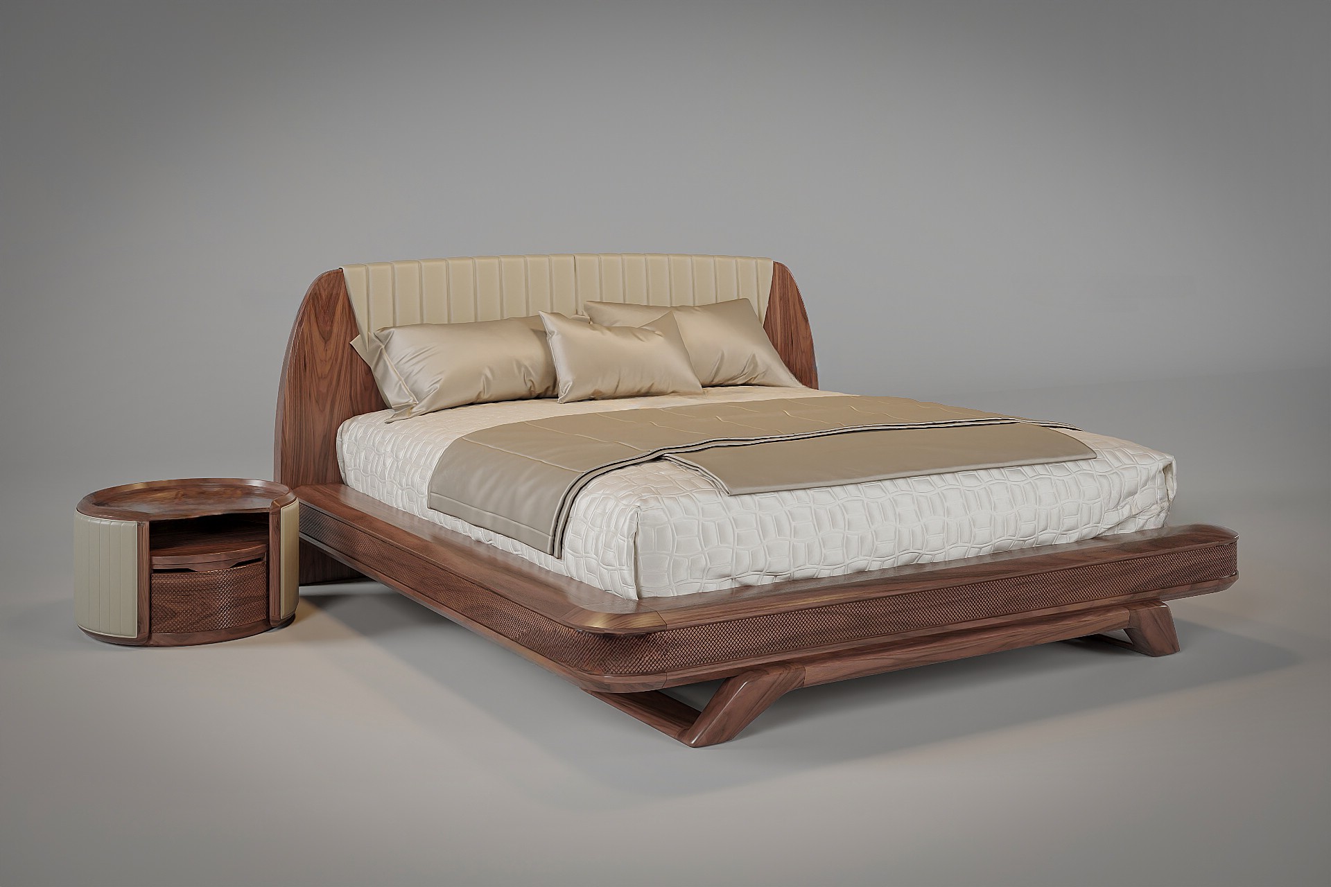 Giường ngủ sang trọng với khung gỗ CNC họa tiết mắt cáo và tựa đầu giường ốp nệm da màu be