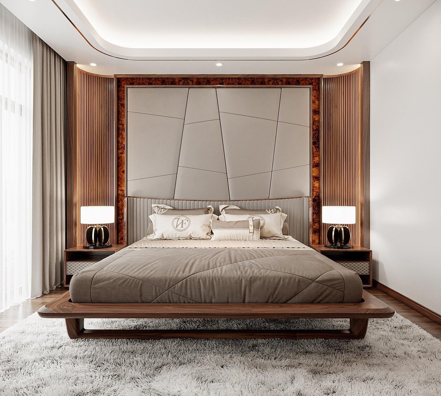 Giường ngủ thấp hiện đại với chân chữ U và tựa đầu nệm vải màu ghi