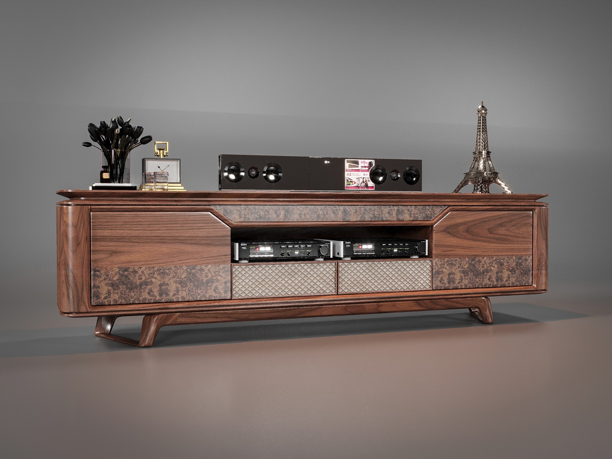 Kệ tivi cao cấp gỗ tự nhiên bo tròn cạnh với ngăn kéo CNC họa tiết quả trám màu bạc