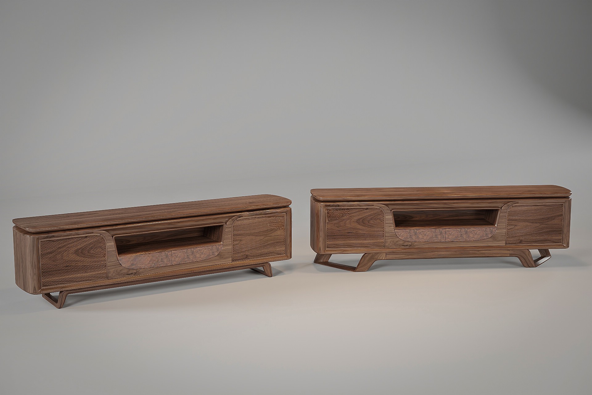 Kệ tivi đẹp hiện đại bằng gỗ óc chó với chân chữ U liền khối