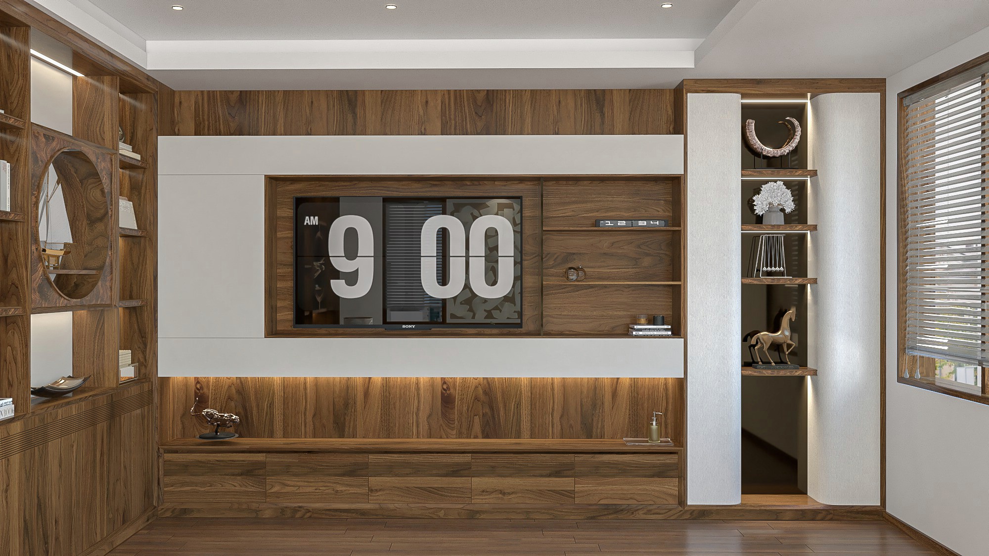 Kệ tivi đơn giản mà đẹp bằng gỗ óc chó treo tường hiện đại