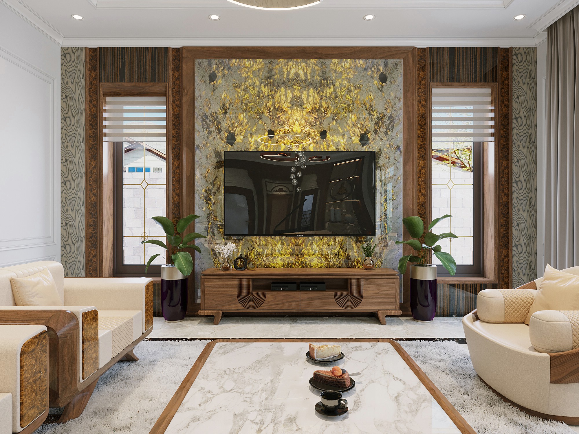 Kệ tivi gỗ đơn giản hiện đại với mặt CNC vòm cung và chân chữ U