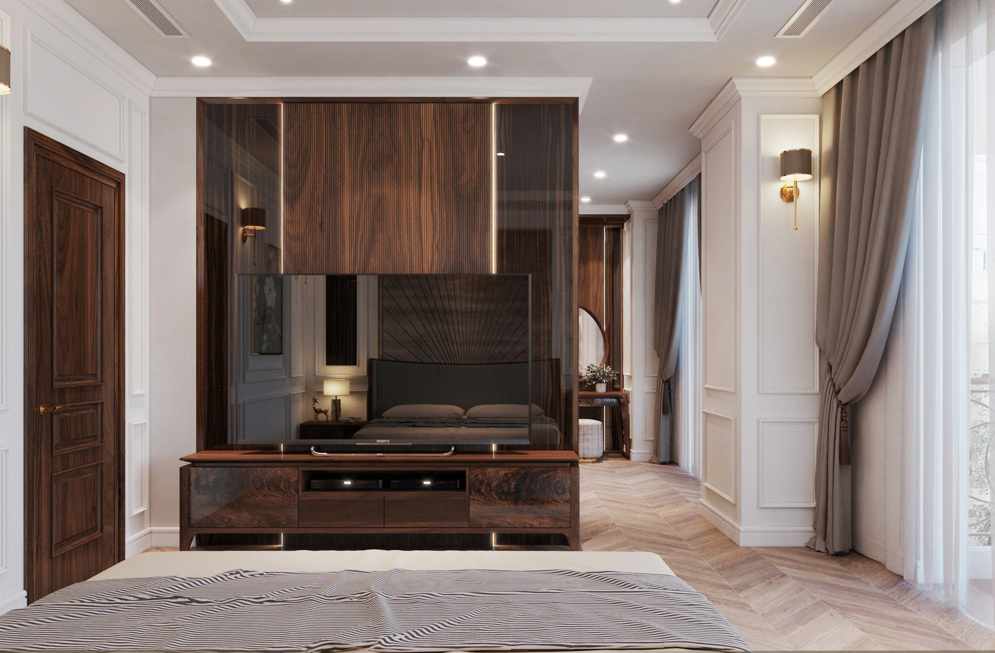 Kệ tivi gỗ óc chó đẹp cho phòng ngủ hiện đại