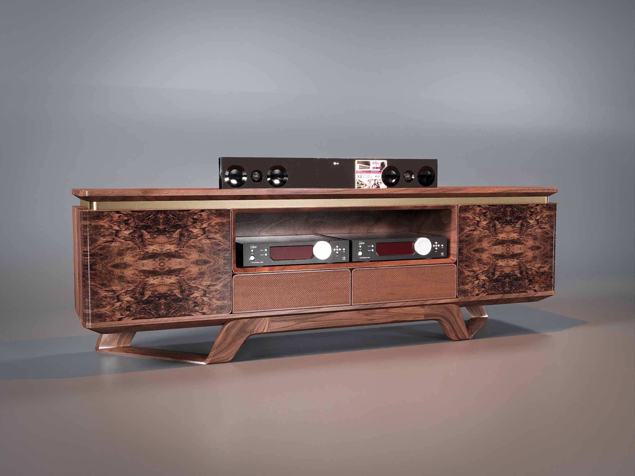 Kệ tivi gỗ tự nhiên cao cấp viền vàng đồng và ngăn kéo CNC