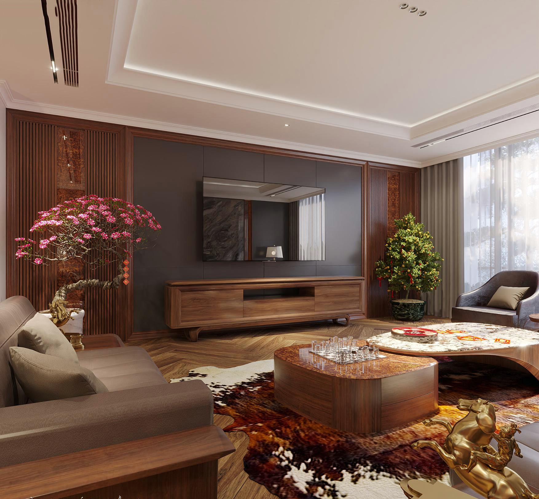 Kệ tivi hiện đại đẹp dáng thấp chữ U bằng gỗ tự nhiên